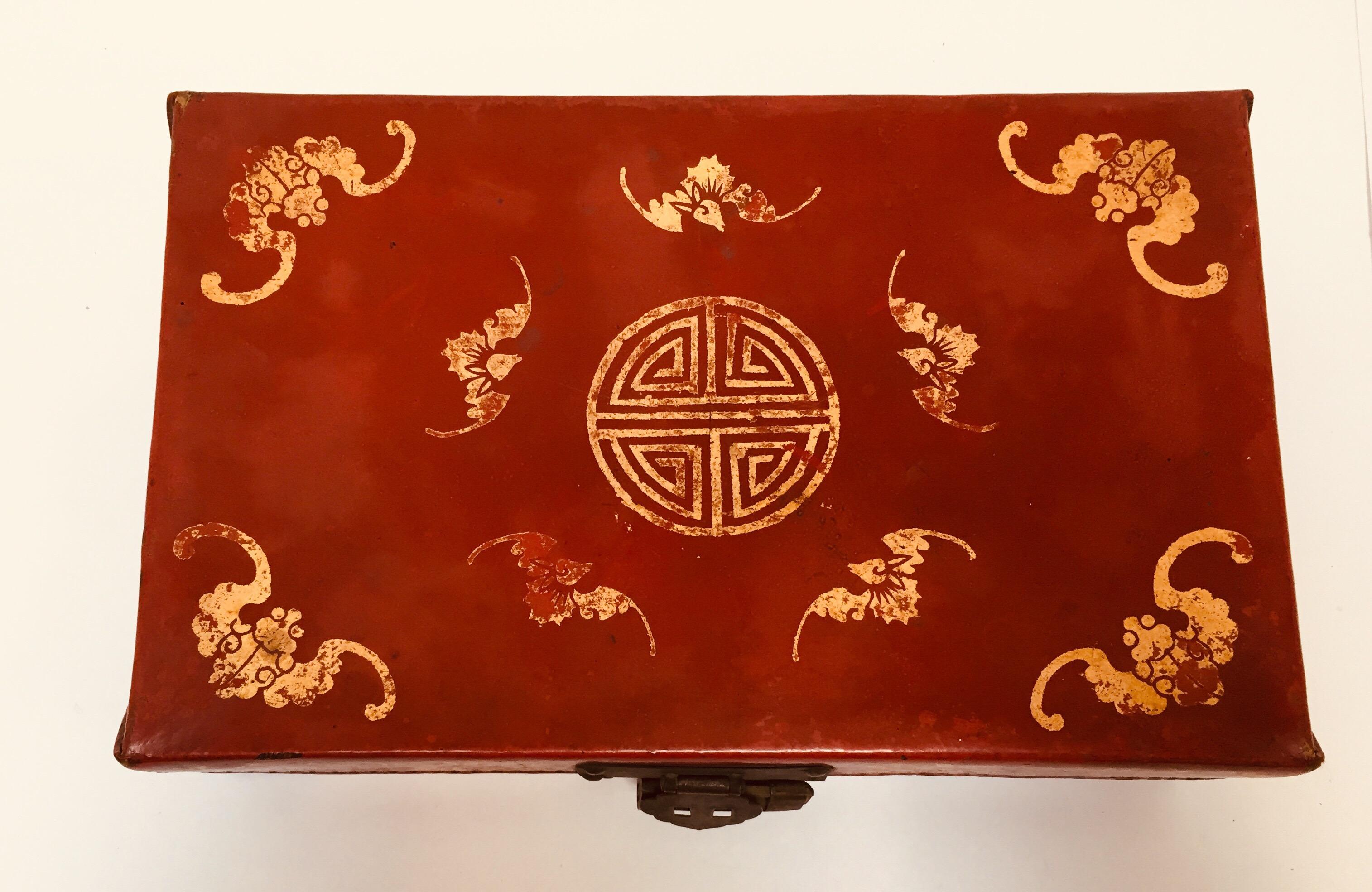 Chinese Chinoiserie Leather Red and Gilt Hand Painted Box