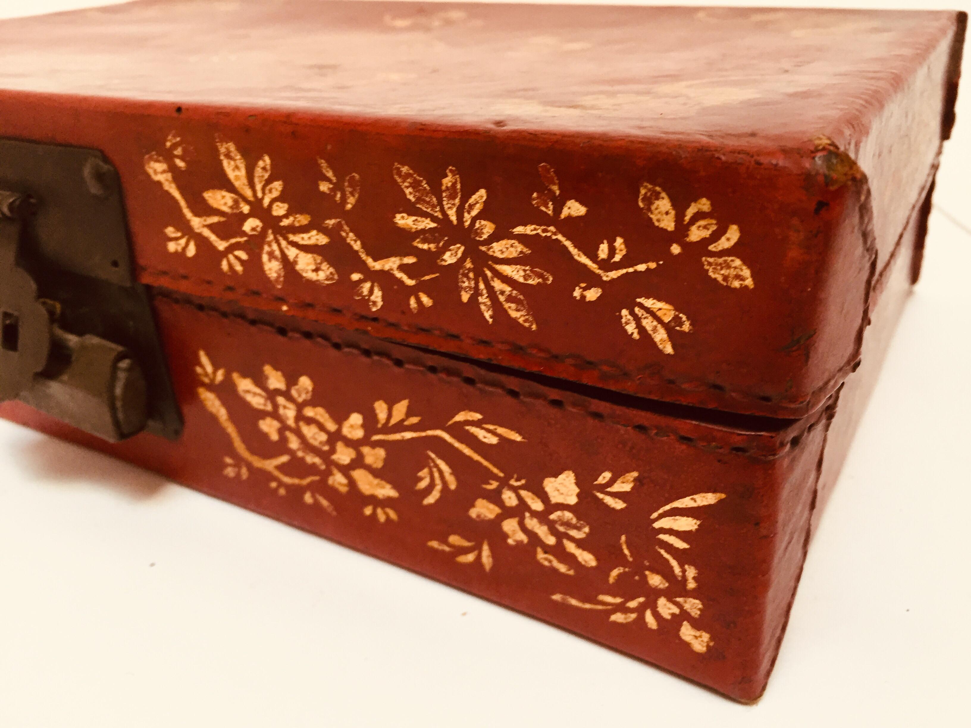 Chinoiserie Leather Red and Gilt Hand Painted Box In Fair Condition In North Hollywood, CA