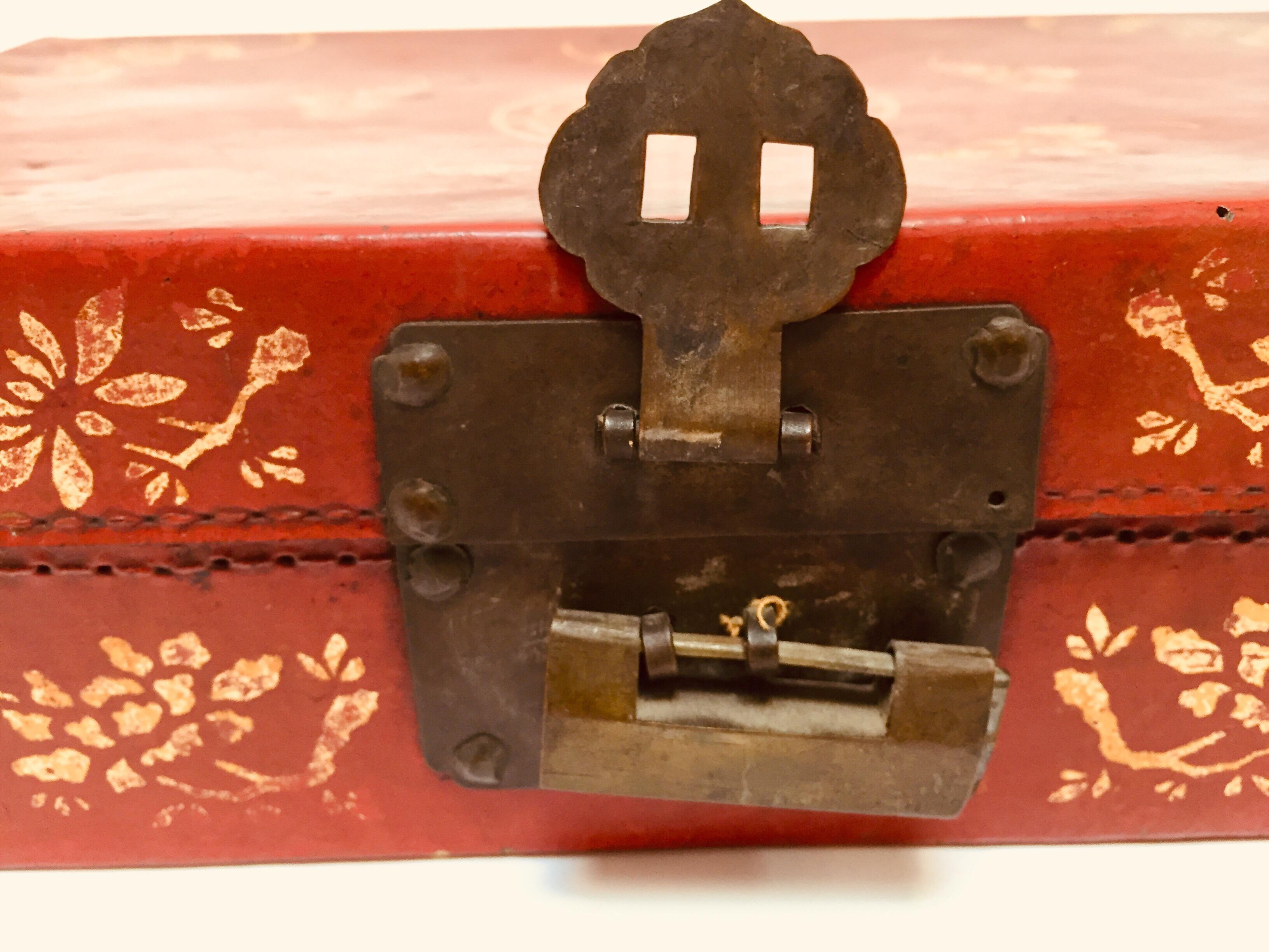 20th Century Chinoiserie Leather Red and Gilt Hand Painted Box