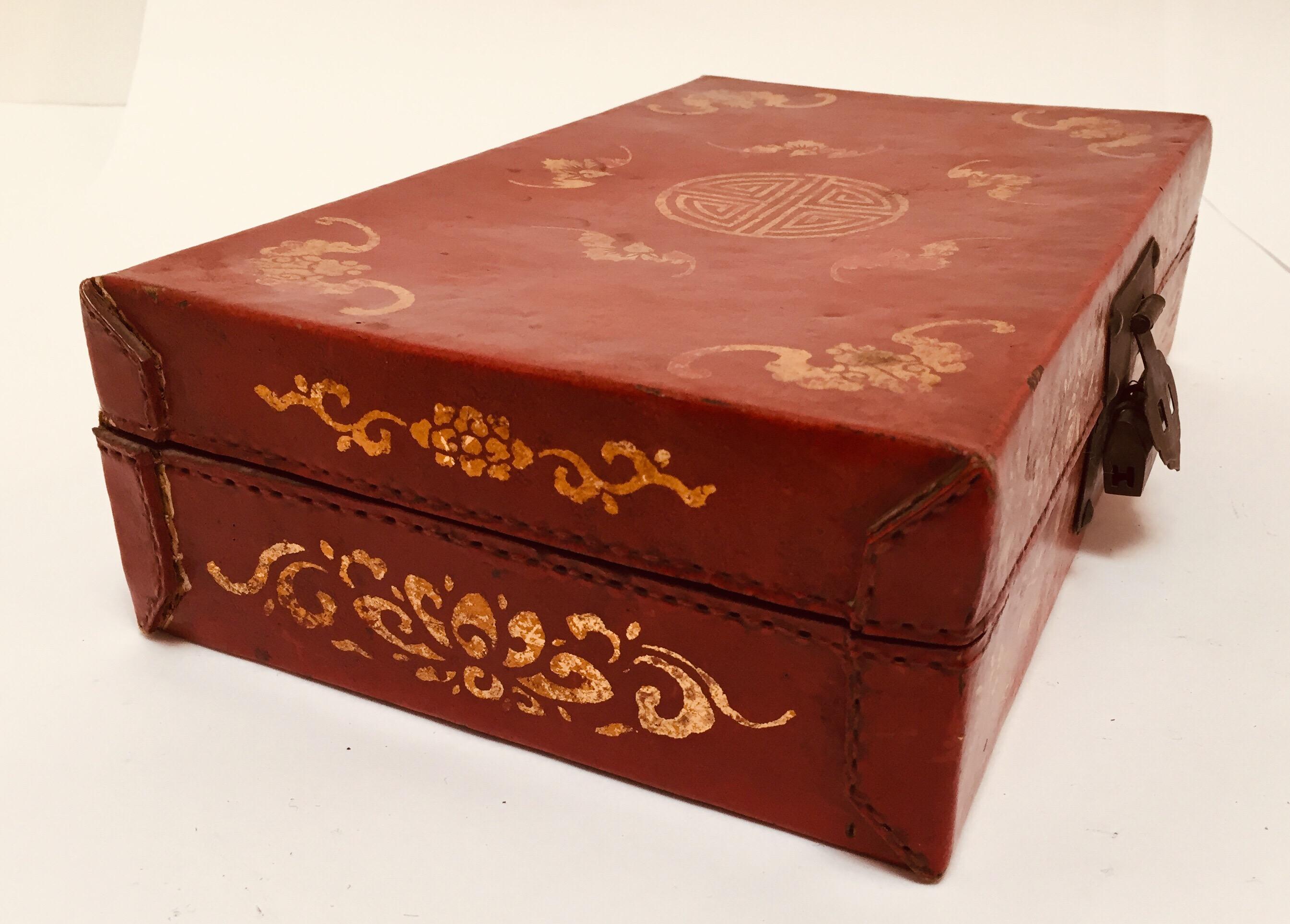 Chinoiserie Leather Red and Gilt Hand Painted Box 1
