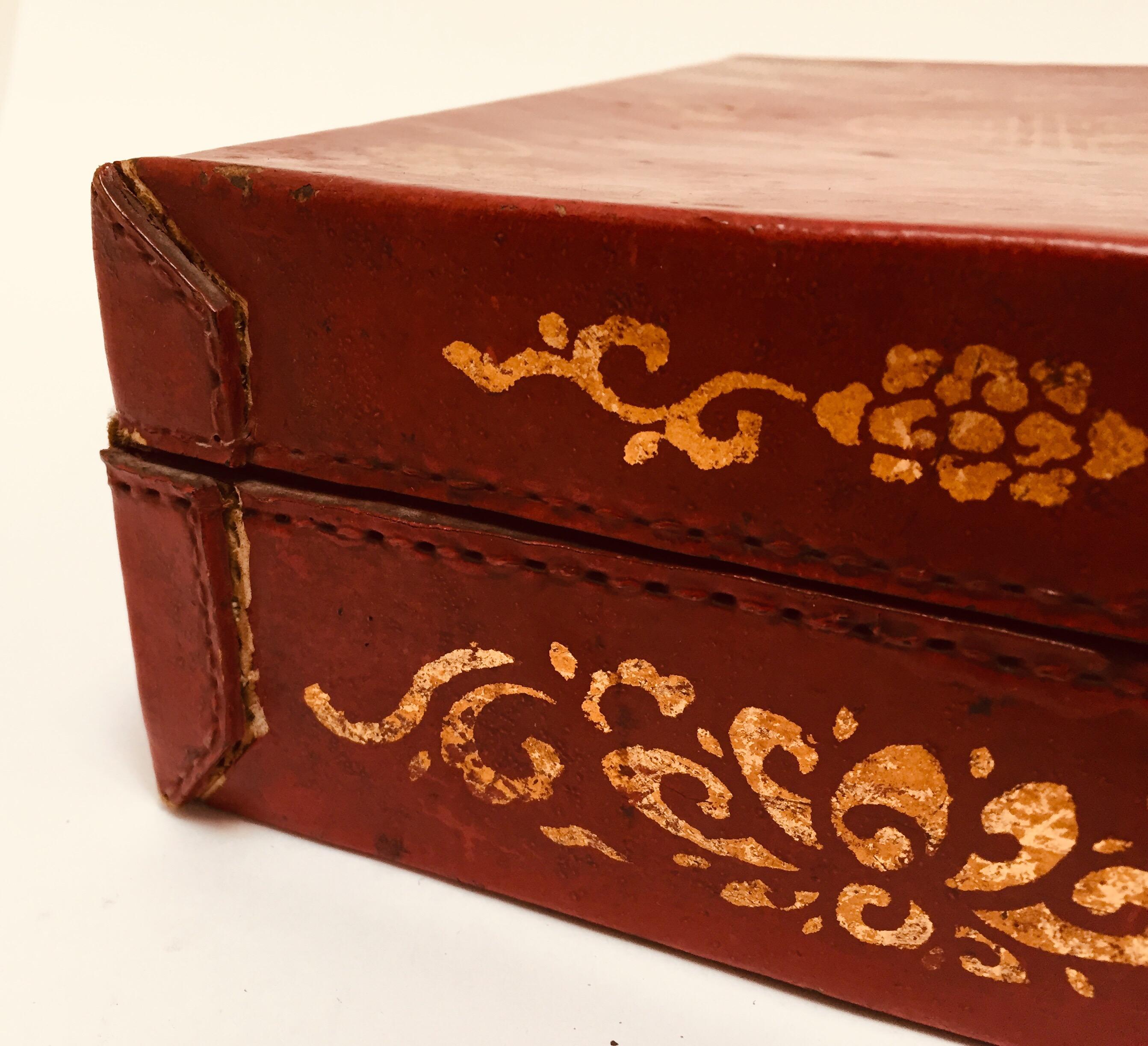 Chinoiserie Leather Red and Gilt Hand Painted Box 2
