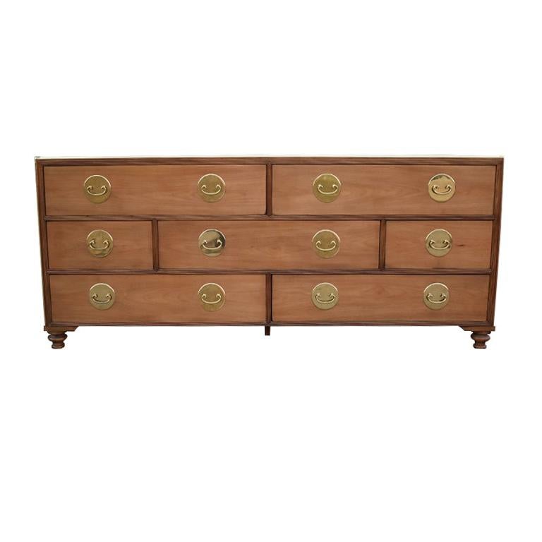 Chinoiserie Light Wood Dresser or Sideboard with Brass by Baker Furniture