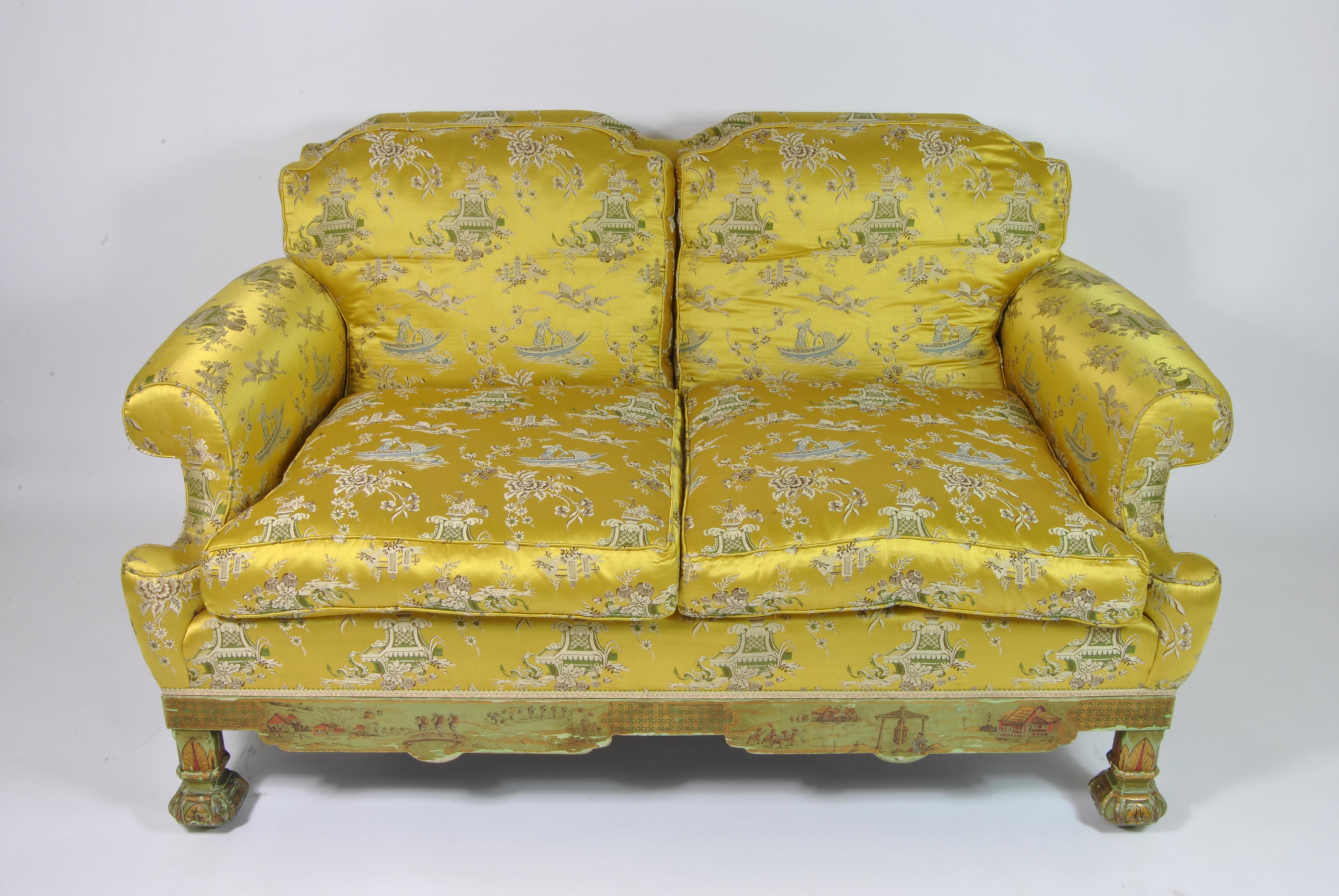 Chinoiserie living room with sofa and two armchairs, France, 1890.
The sofa and armchairs are upholstered with the original silk, the decorations have been made by hand.
Measures: Sofa cm 135 x 85 x H 78; HS 45
Armchairs cm 75 x 80 x H 78; HS 45.