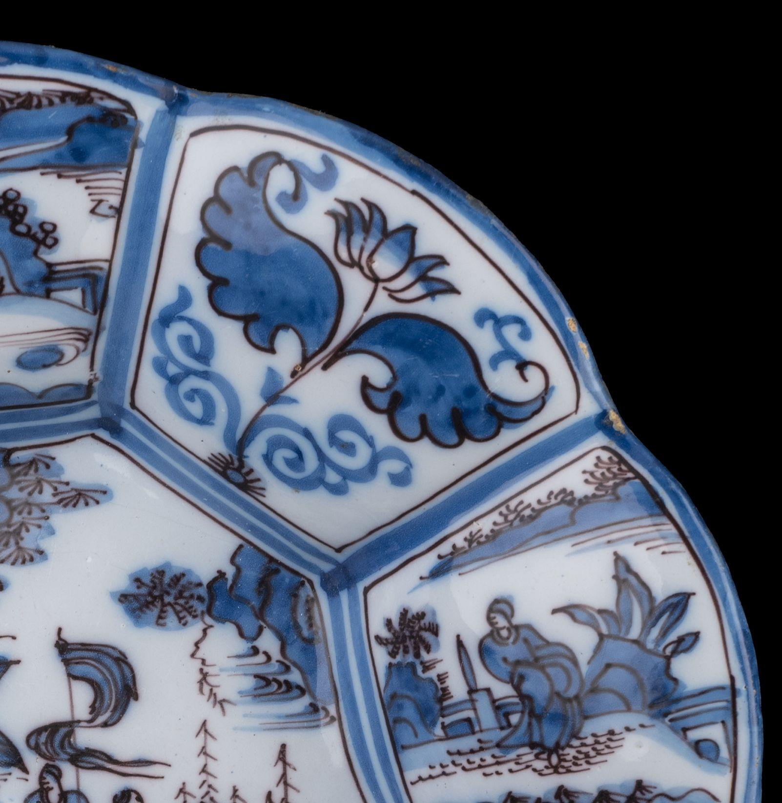 Dutch Chinoiserie Lobed Dish in Blue and Purple Delft, circa 1680 For Sale