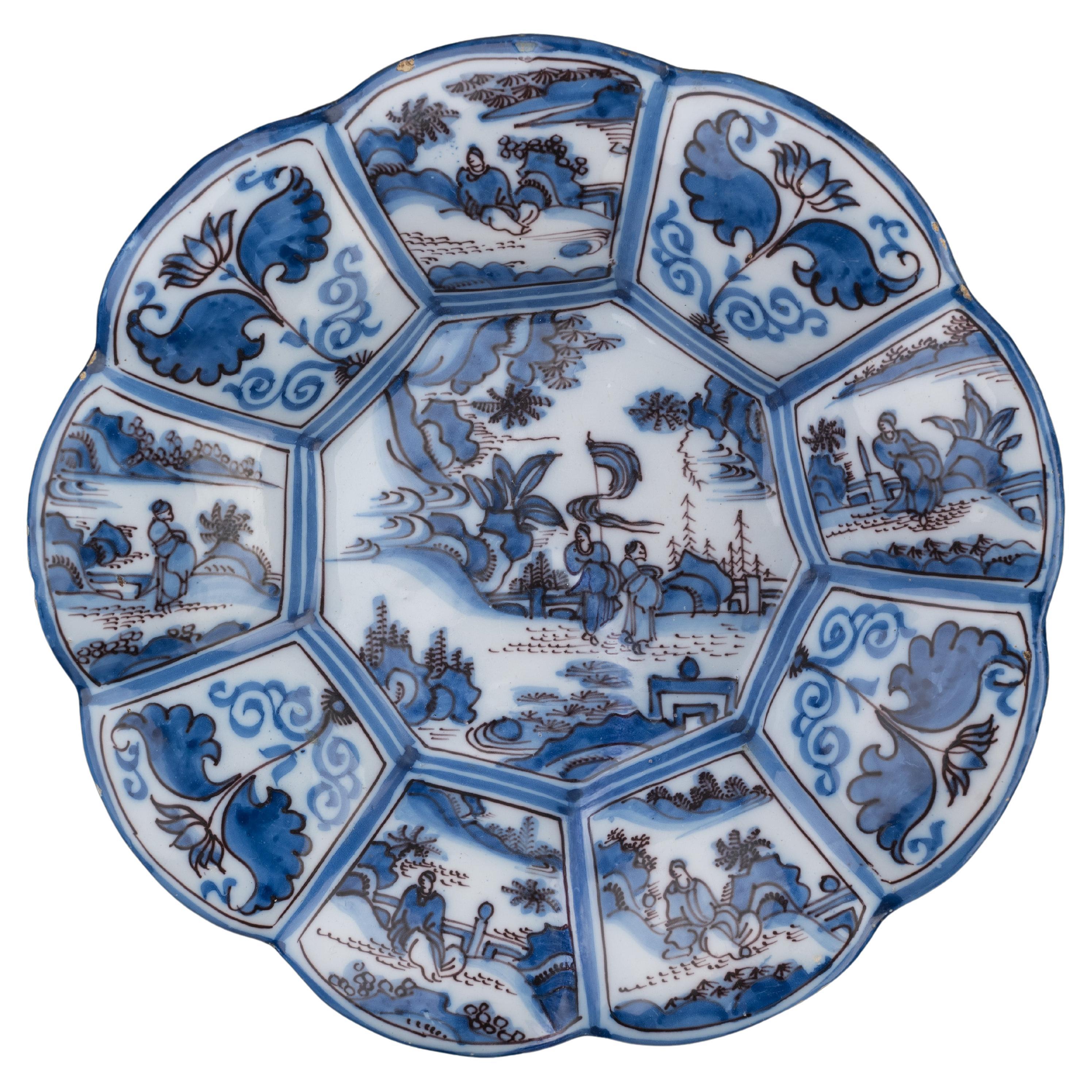 Chinoiserie Lobed Dish in Blue and Purple Delft, circa 1680 For Sale