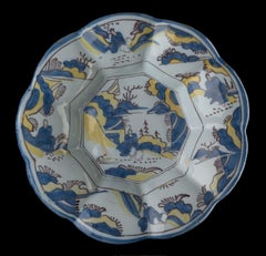 Chinoiserie Lobed Dish in Blue, Yellow and Purple, Delft, 1680-1690