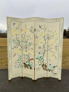 Chinoiserie Magnolia Tree of Life and Crane Bird Floor Screen Divider