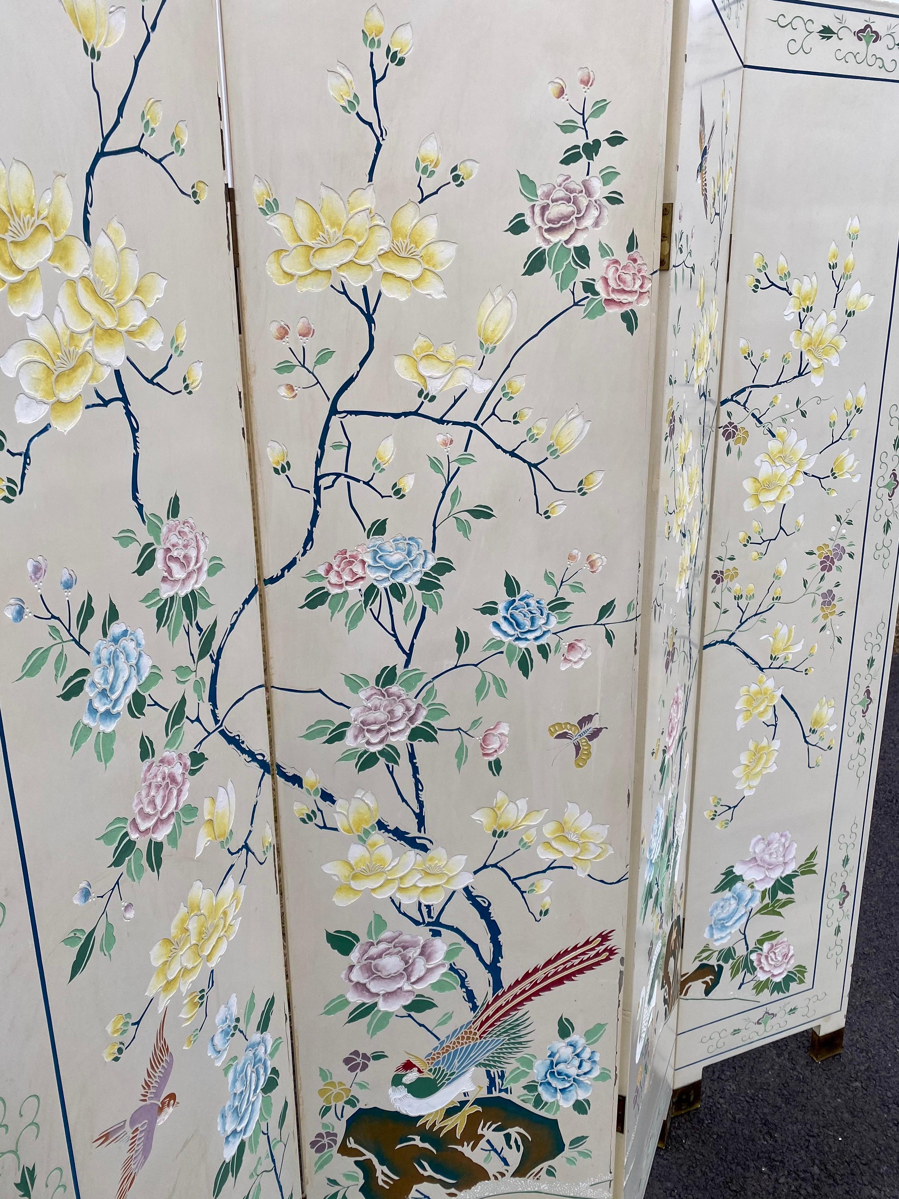 Late 20th Century Chinoiserie Magnolia Tree of Life and Crane Bird Floor Screen Divider