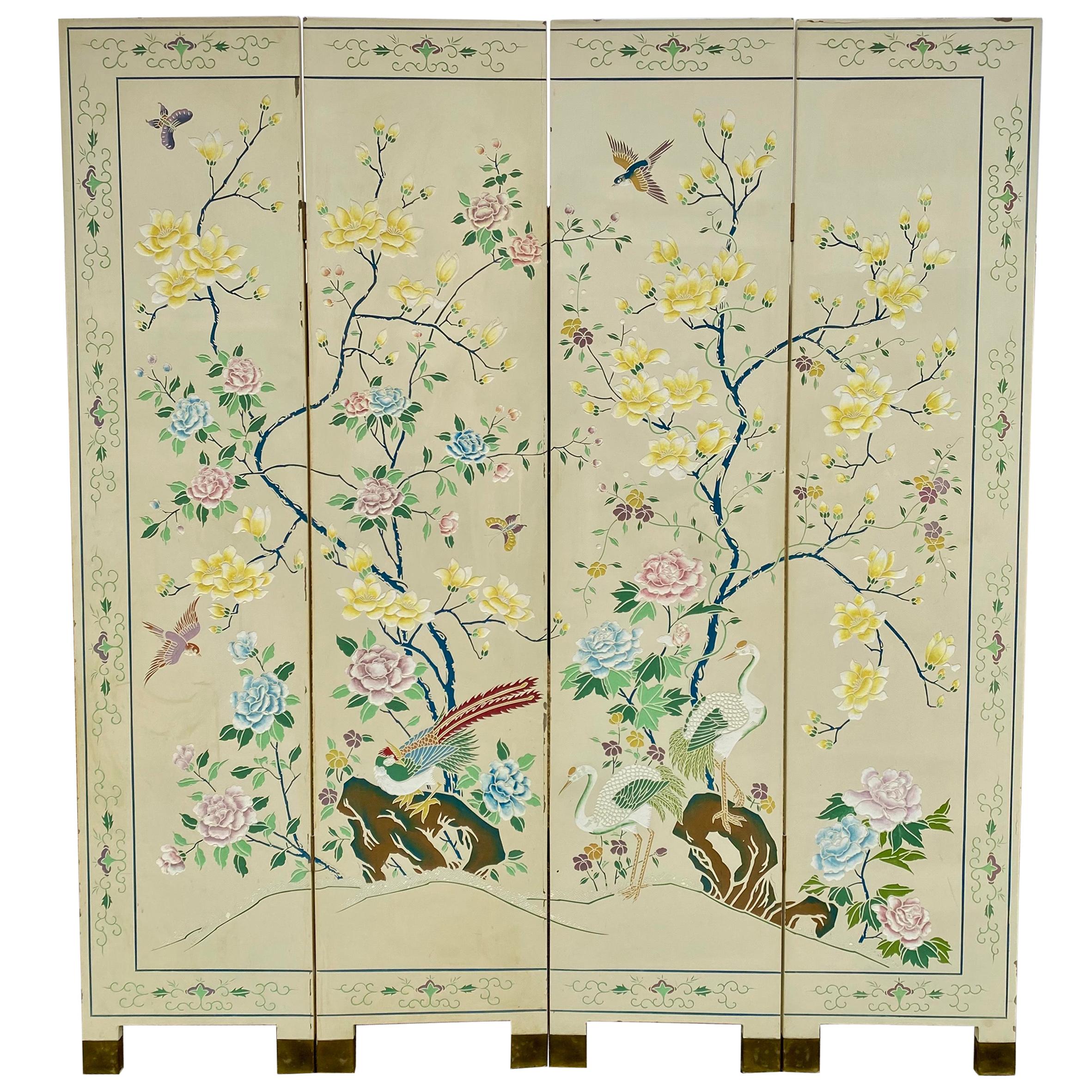 Chinoiserie Magnolia Tree of Life and Crane Bird Floor Screen Divider