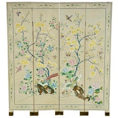 Vintage Chinoiserie Magnolia Tree of Life and Crane Bird Floor Screen Divider