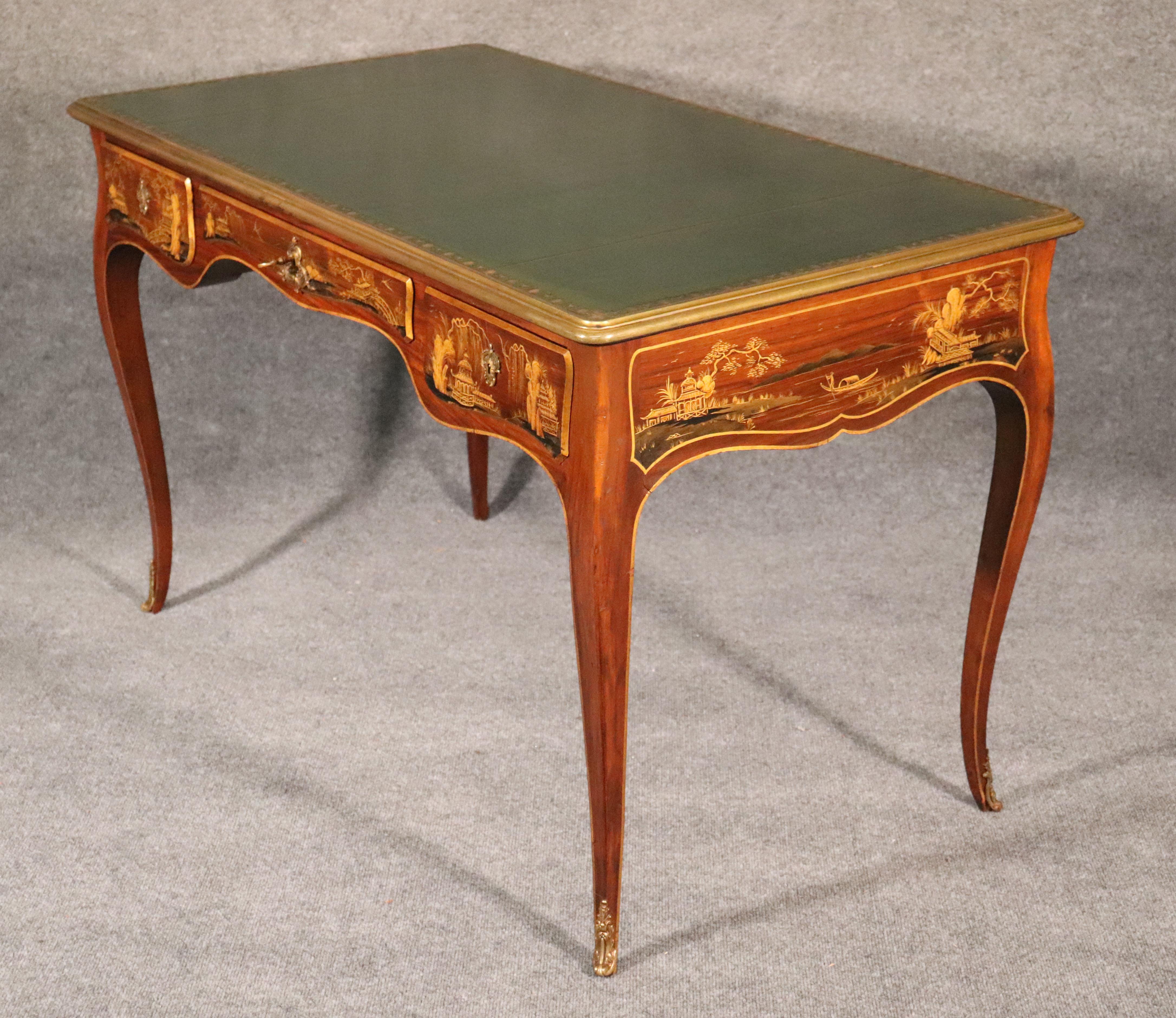 French Chinoiserie Maison Jansen Louis XV Bronze Mounted Leather Top Writing Desk