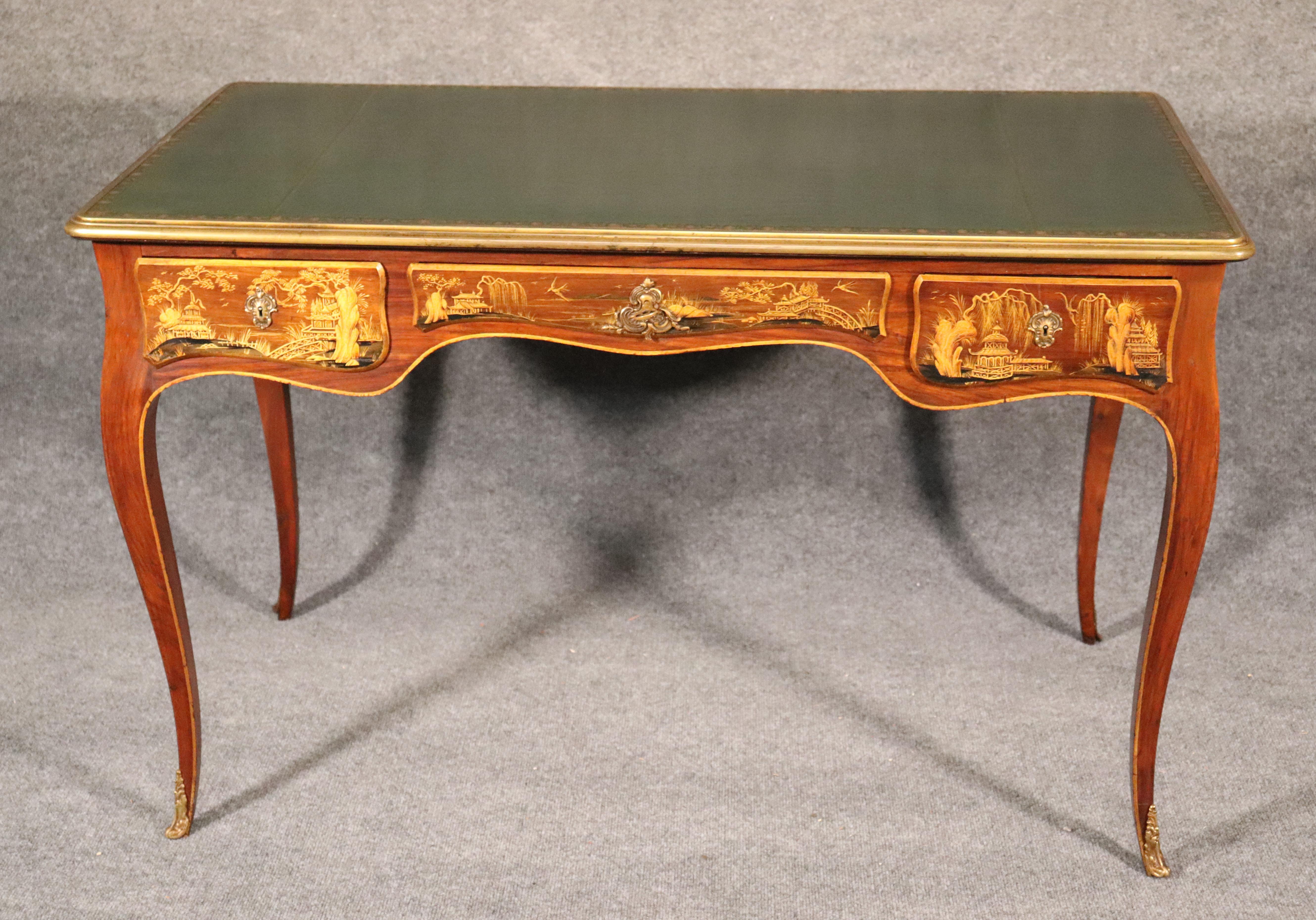 Mid-20th Century Chinoiserie Maison Jansen Louis XV Bronze Mounted Leather Top Writing Desk