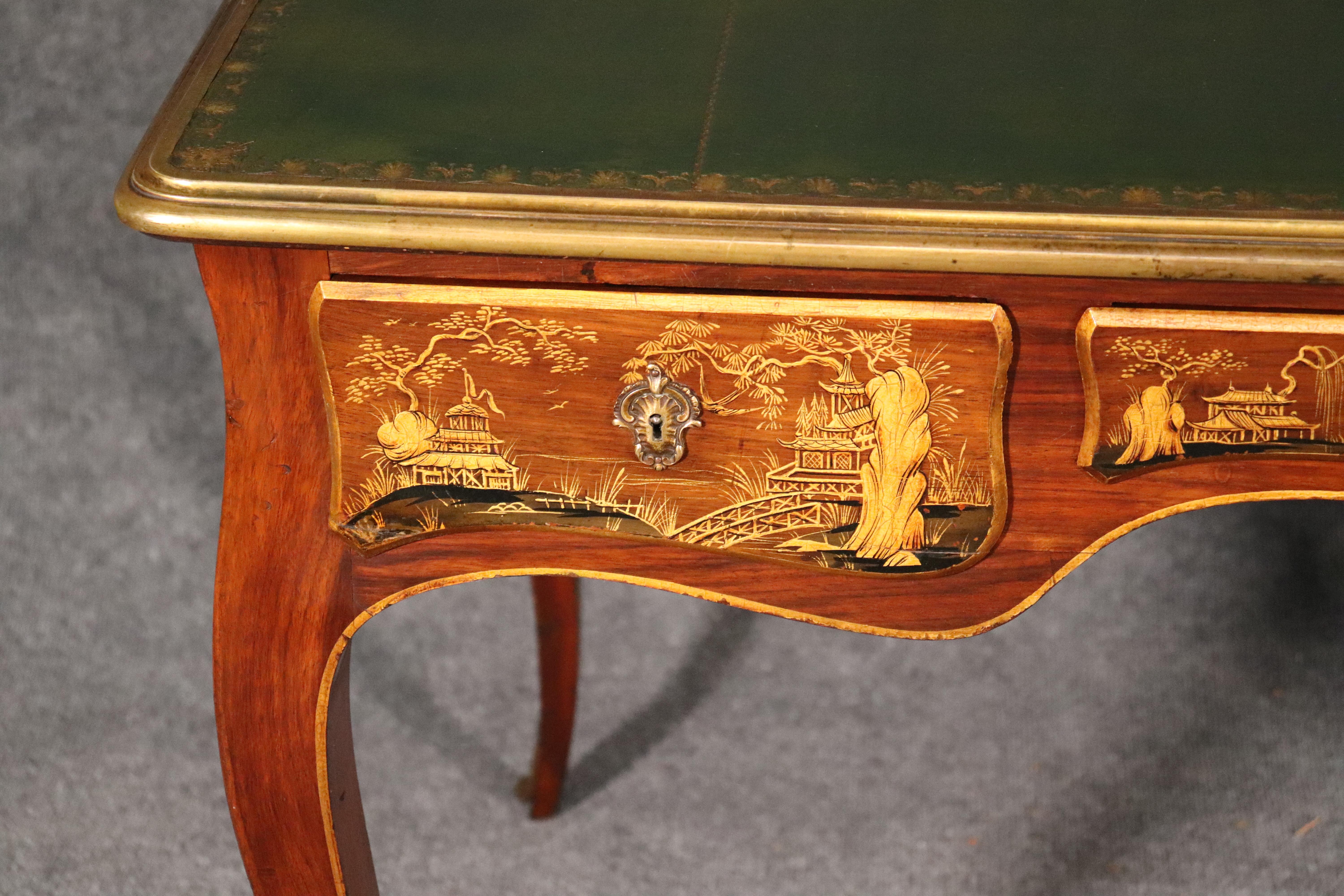 Chinoiserie Maison Jansen Louis XV Bronze Mounted Leather Top Writing Desk 3