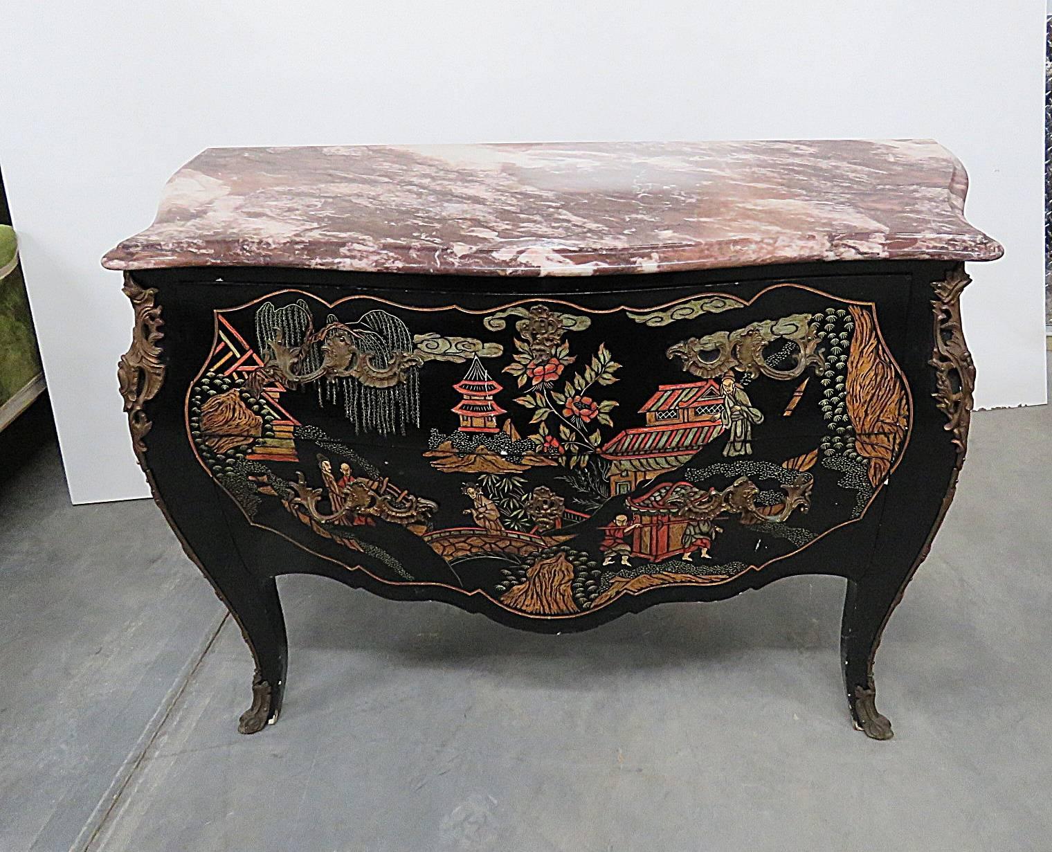 Chinoiserie marble-top two-drawer commode with bronze mounts.
