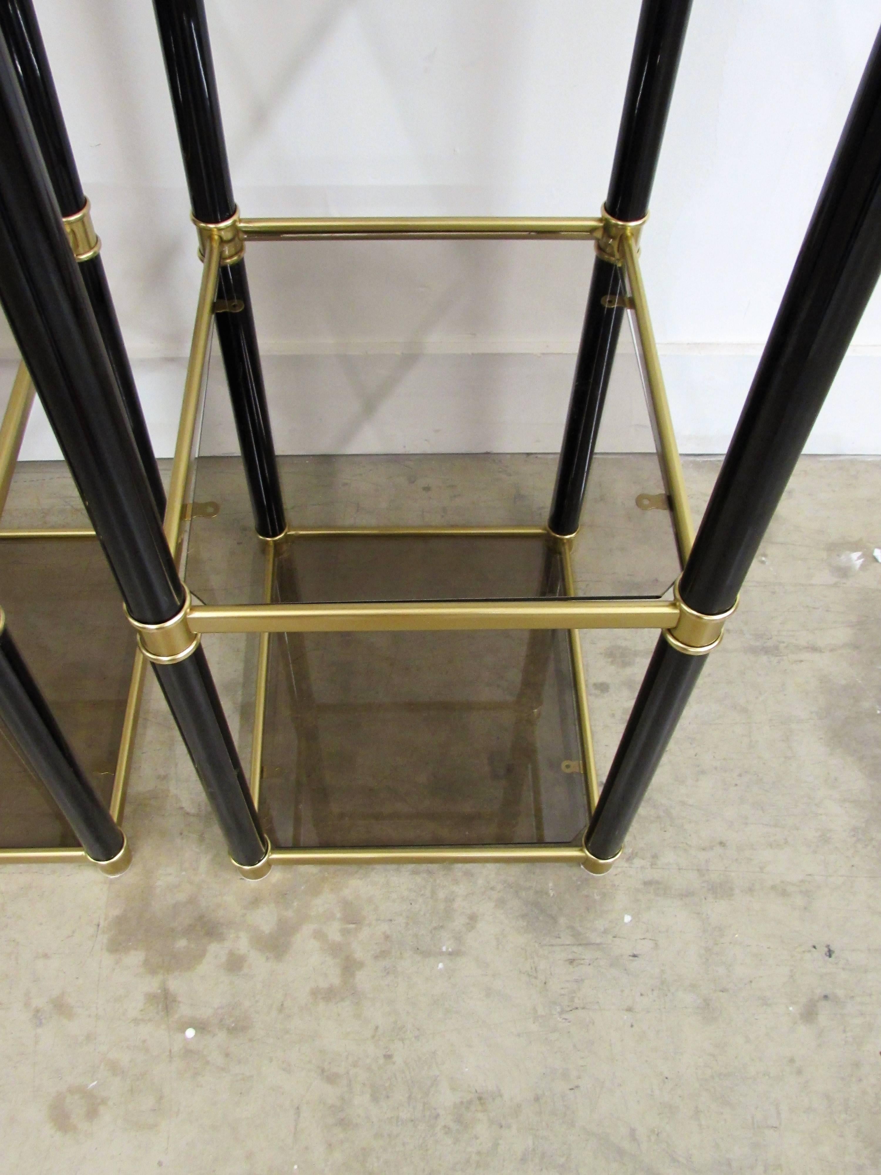 Lacquered Chinoiserie Metal Black and Gold Étagerés, Pair For Sale