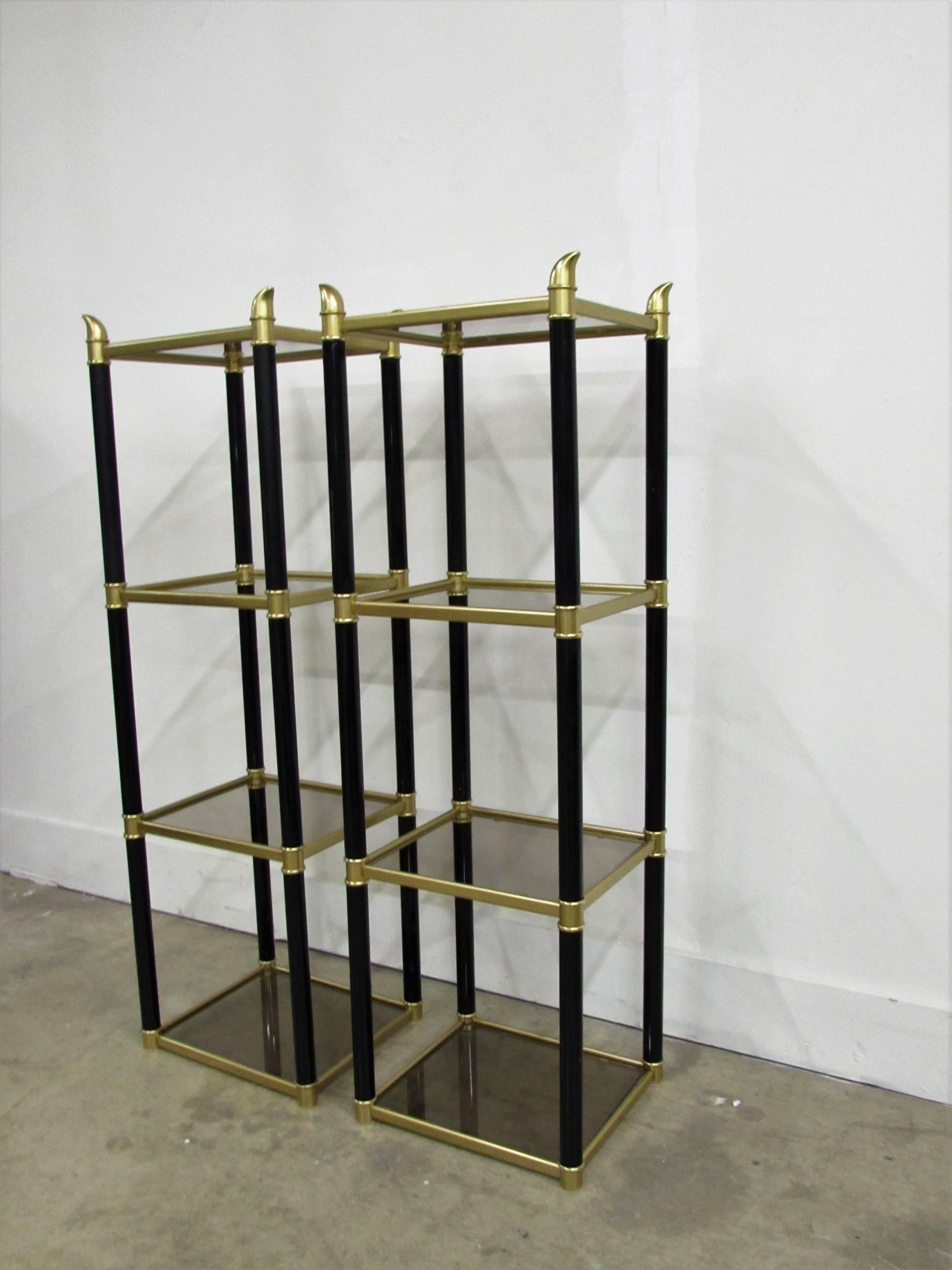 Chinoiserie Metal Black and Gold Étagerés, Pair In Excellent Condition For Sale In Raleigh, NC
