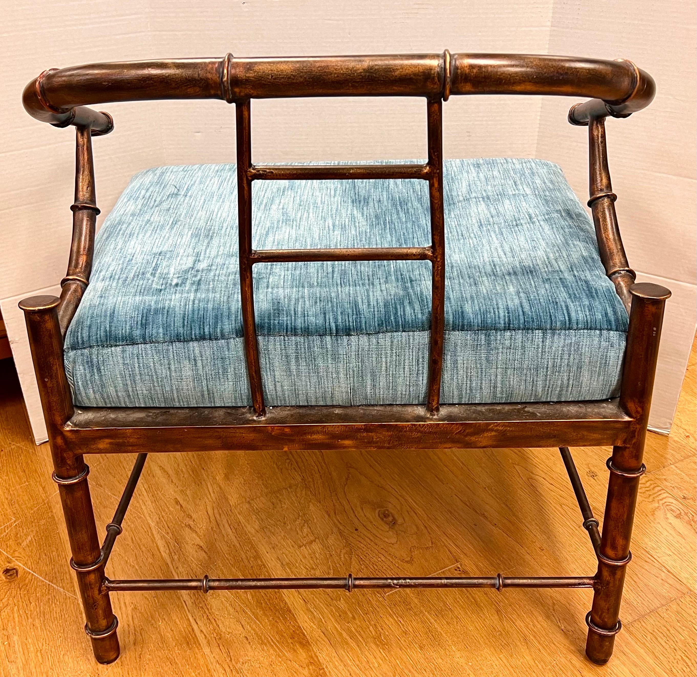 Mid-Century Modern Chinoiserie Metal Faux Bamboo Chair by Pengelly Mastercraft w/Sky Blue Velvet For Sale