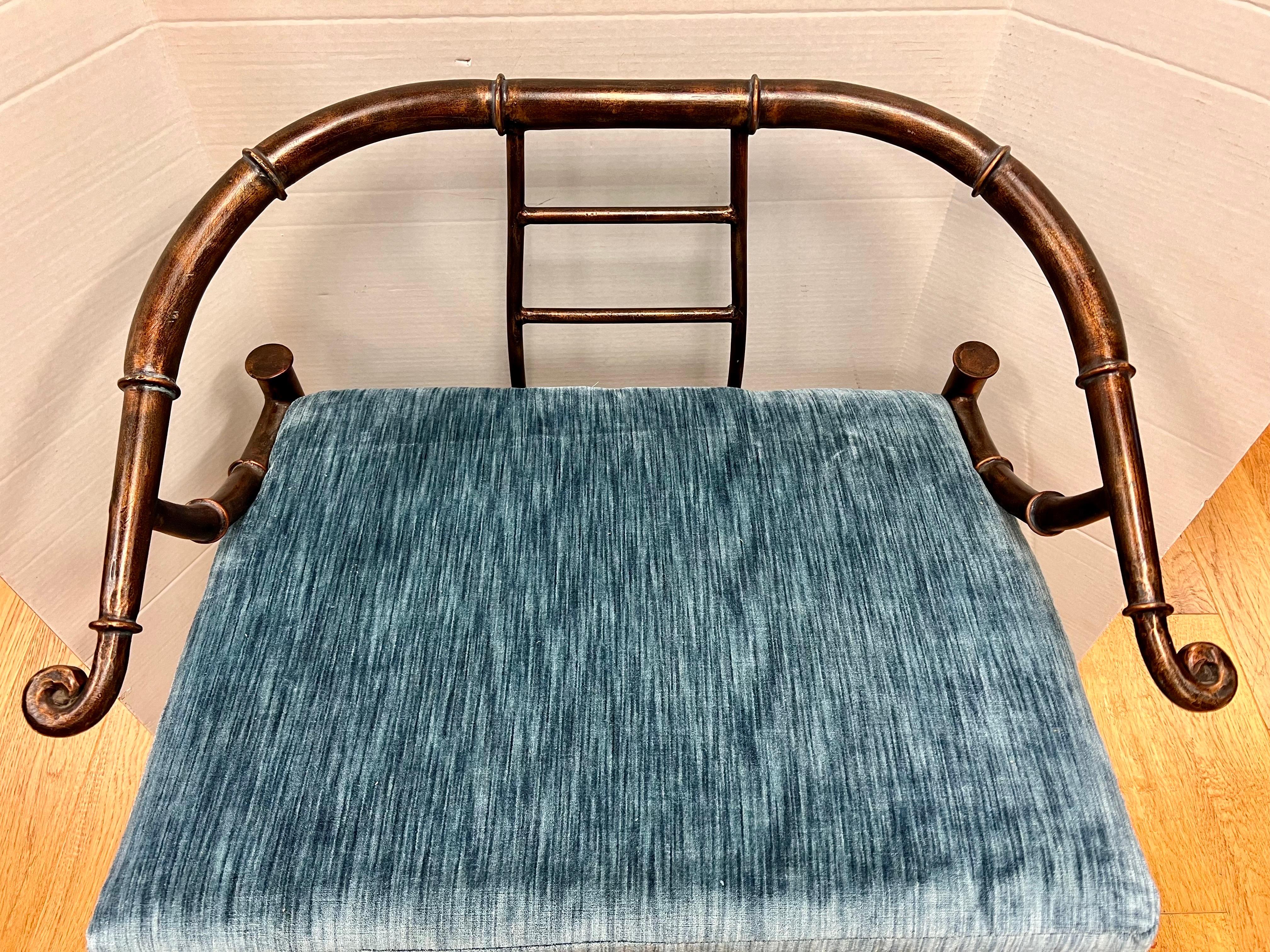 Chinoiserie Metal Faux Bamboo Chair by Pengelly Mastercraft w/Sky Blue Velvet In Good Condition For Sale In West Hartford, CT