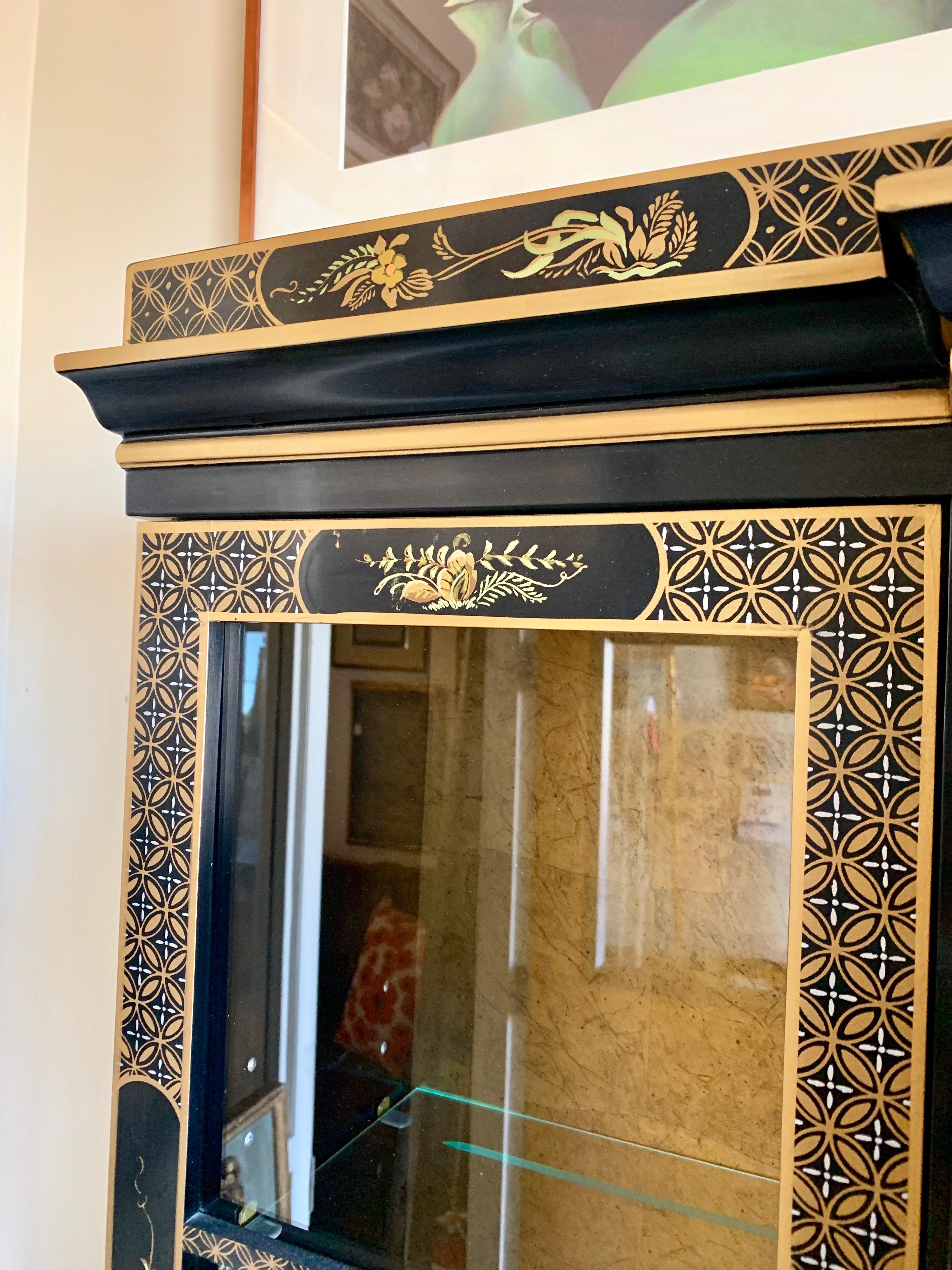 American Chinoiserie Japanned Black Laquer Lighted China Cabinet Breakfront