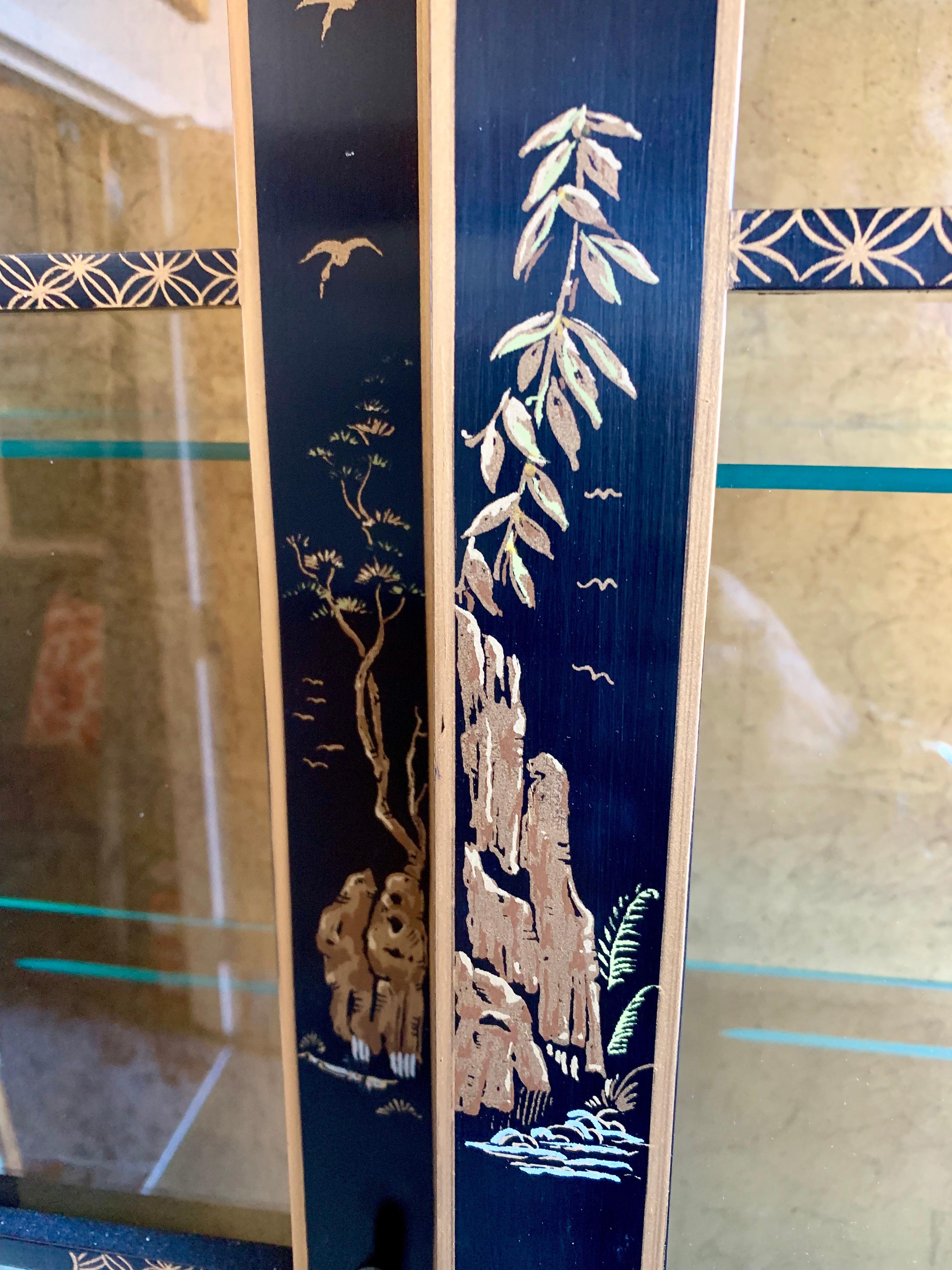 Chinoiserie Japanned Black Laquer Lighted China Cabinet Breakfront In Good Condition In West Hartford, CT