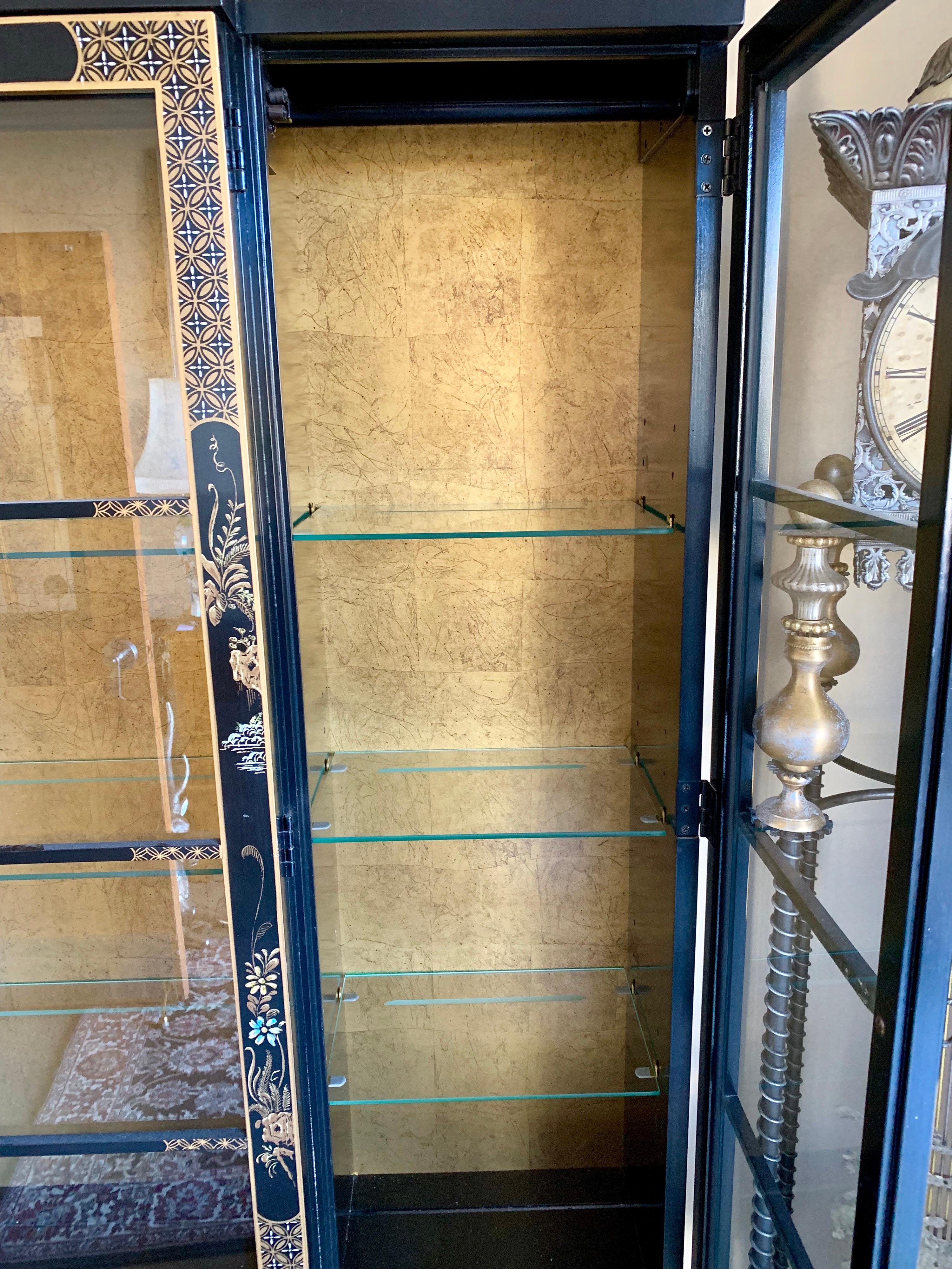 Mid-20th Century Chinoiserie Japanned Black Laquer Lighted China Cabinet Breakfront