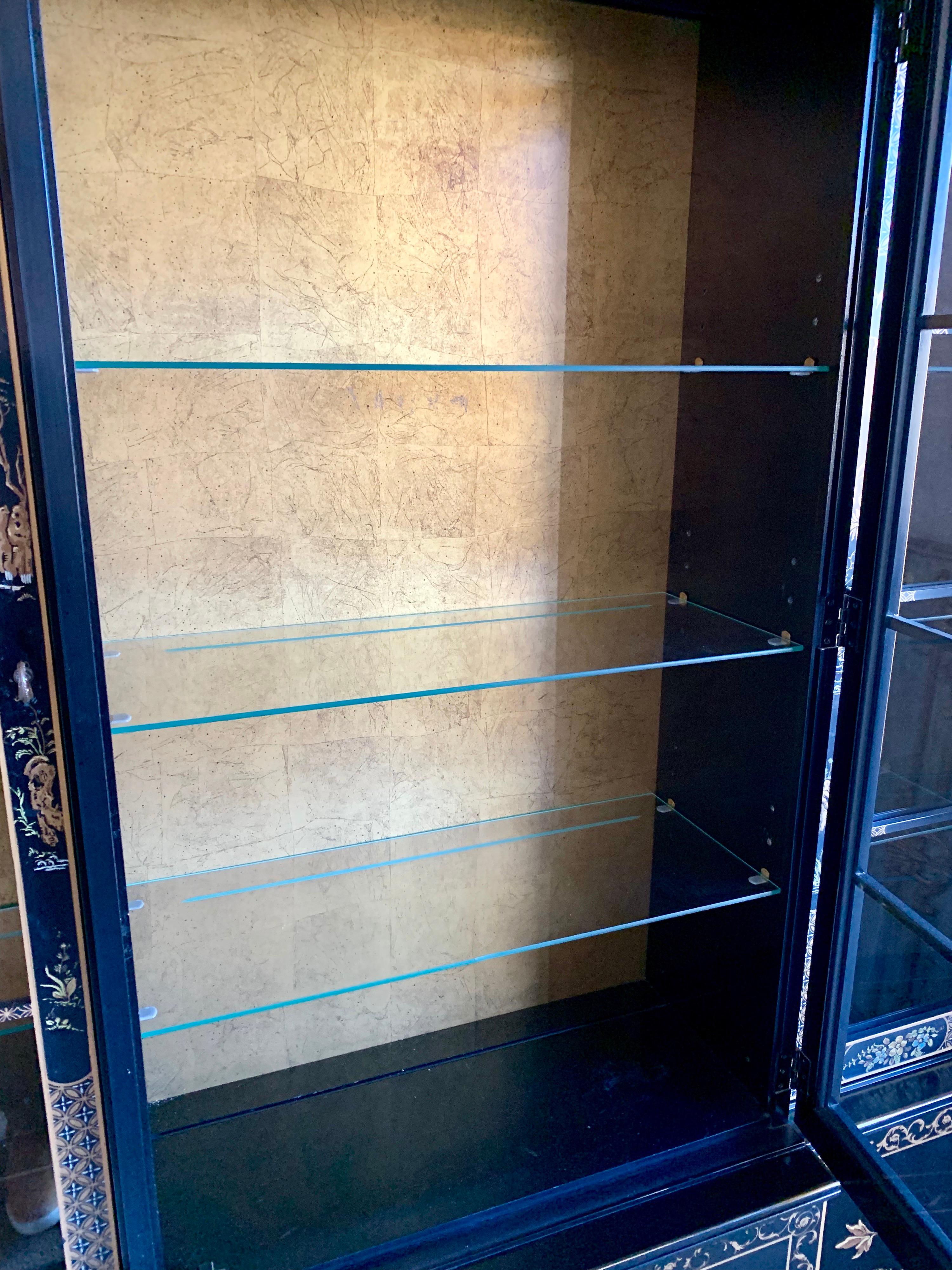 Glass Chinoiserie Japanned Black Laquer Lighted China Cabinet Breakfront