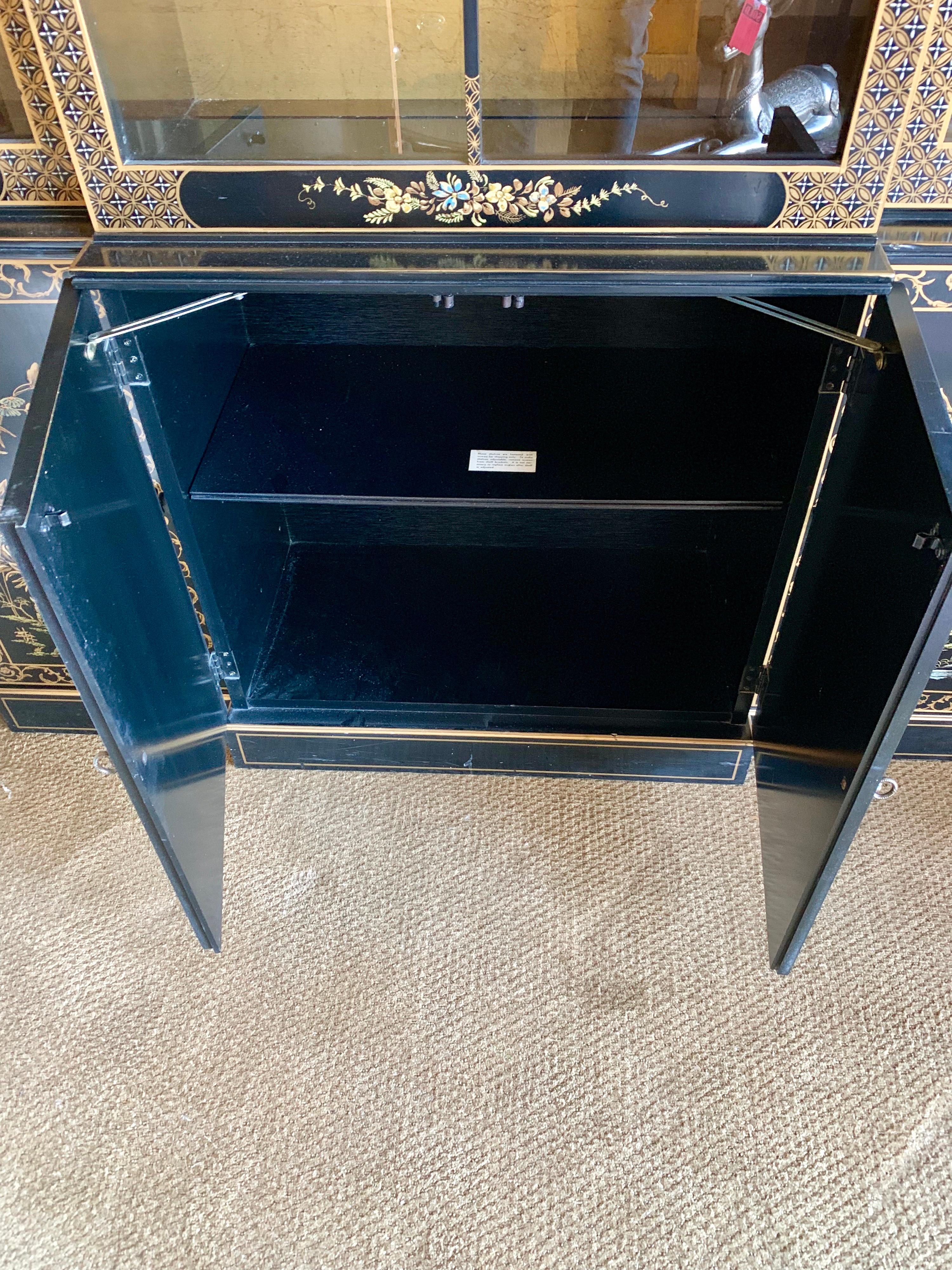 Chinoiserie Japanned Black Laquer Lighted China Cabinet Breakfront 1