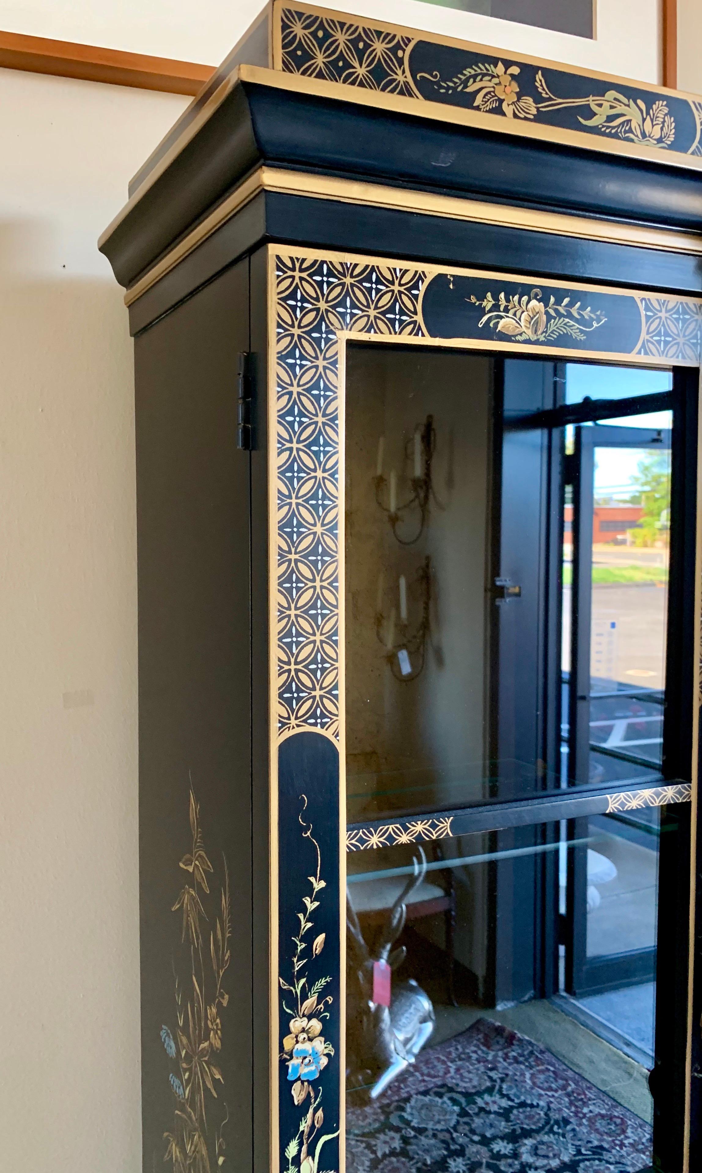 Chinoiserie Japanned Black Laquer Lighted China Cabinet Breakfront 2