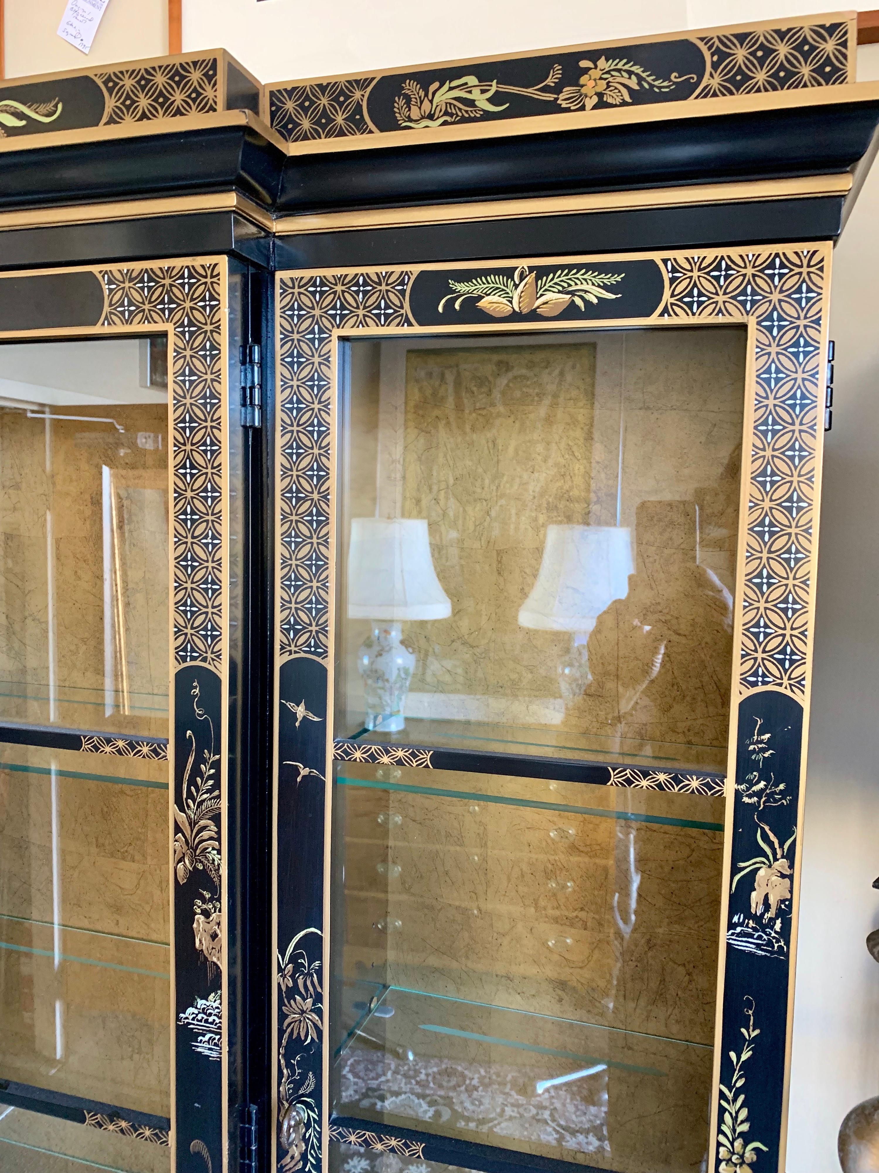 Chinese Export Chinoiserie Japanned Black Laquer Lighted China Cabinet Breakfront
