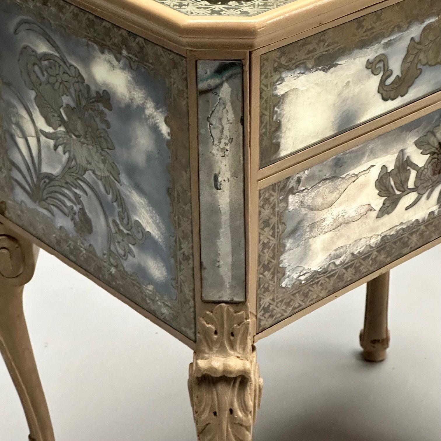 Chinoiserie, Mid Century Modern, Mirrored Nightstands, Distressed Painted Wood 6