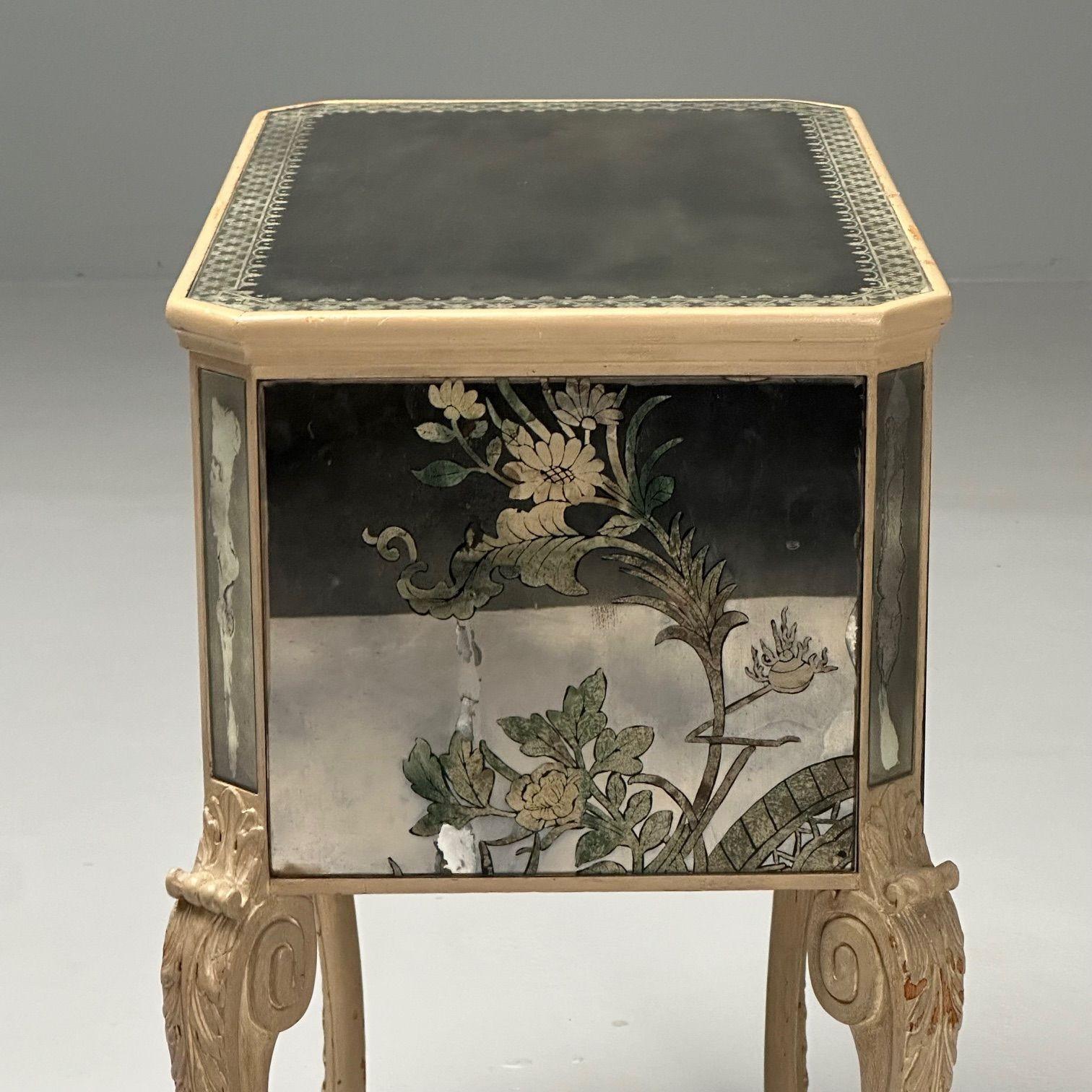 Chinoiserie, Mid Century Modern, Mirrored Nightstands, Distressed Painted Wood 8