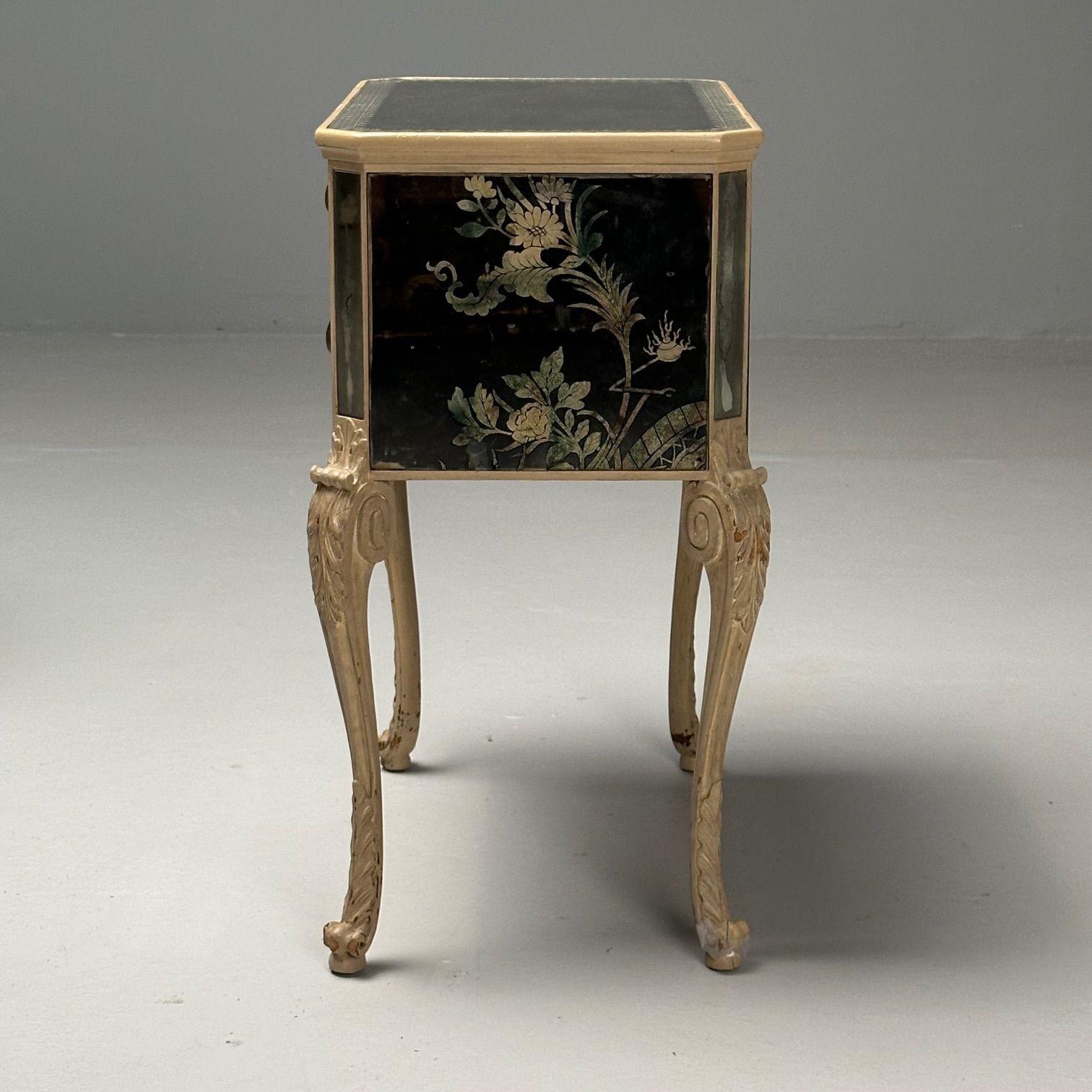 Chinoiserie, Mid Century Modern, Mirrored Nightstands, Distressed Painted Wood 9