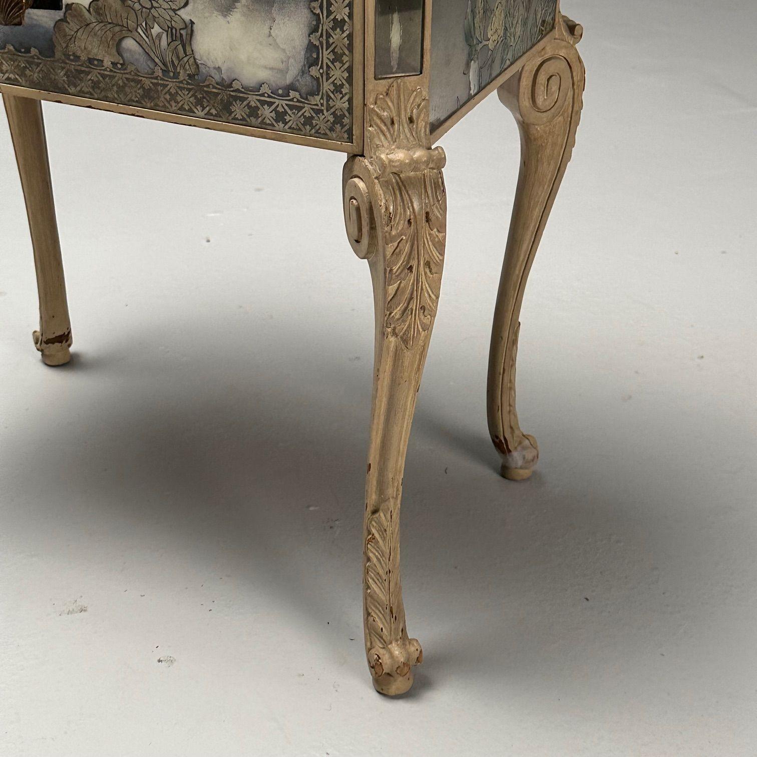 Chinoiserie, Mid Century Modern, Mirrored Nightstands, Distressed Painted Wood 11