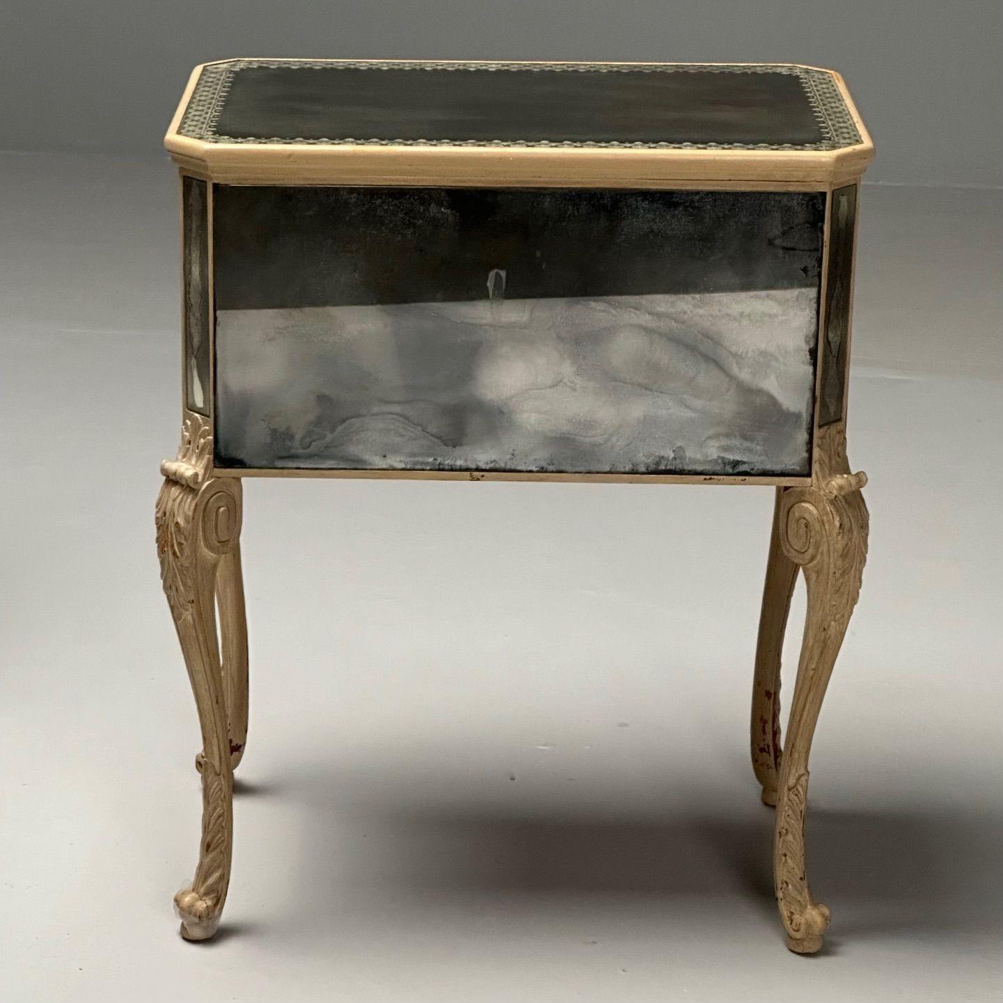 Chinoiserie, Mid Century Modern, Mirrored Nightstands, Distressed Painted Wood 12