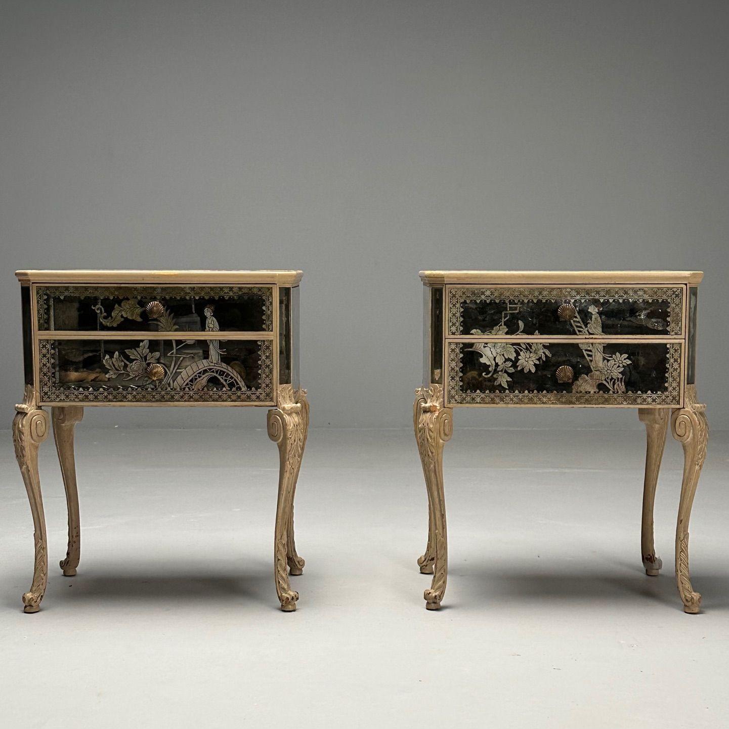 Pair of Mid Century Modern Chinoiserie Decorated Nightstands or End Tables, Mirrored

Pair of stunning Chinoiserie decorated end tables or bedside stands. The finest quality in this pair of 1930s/40s tables having all over mirrored veneered wood