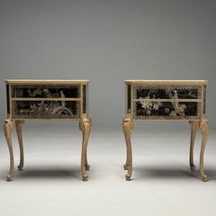 Chinoiserie, Mid Century Modern, Mirrored Nightstands, Distressed Painted Wood