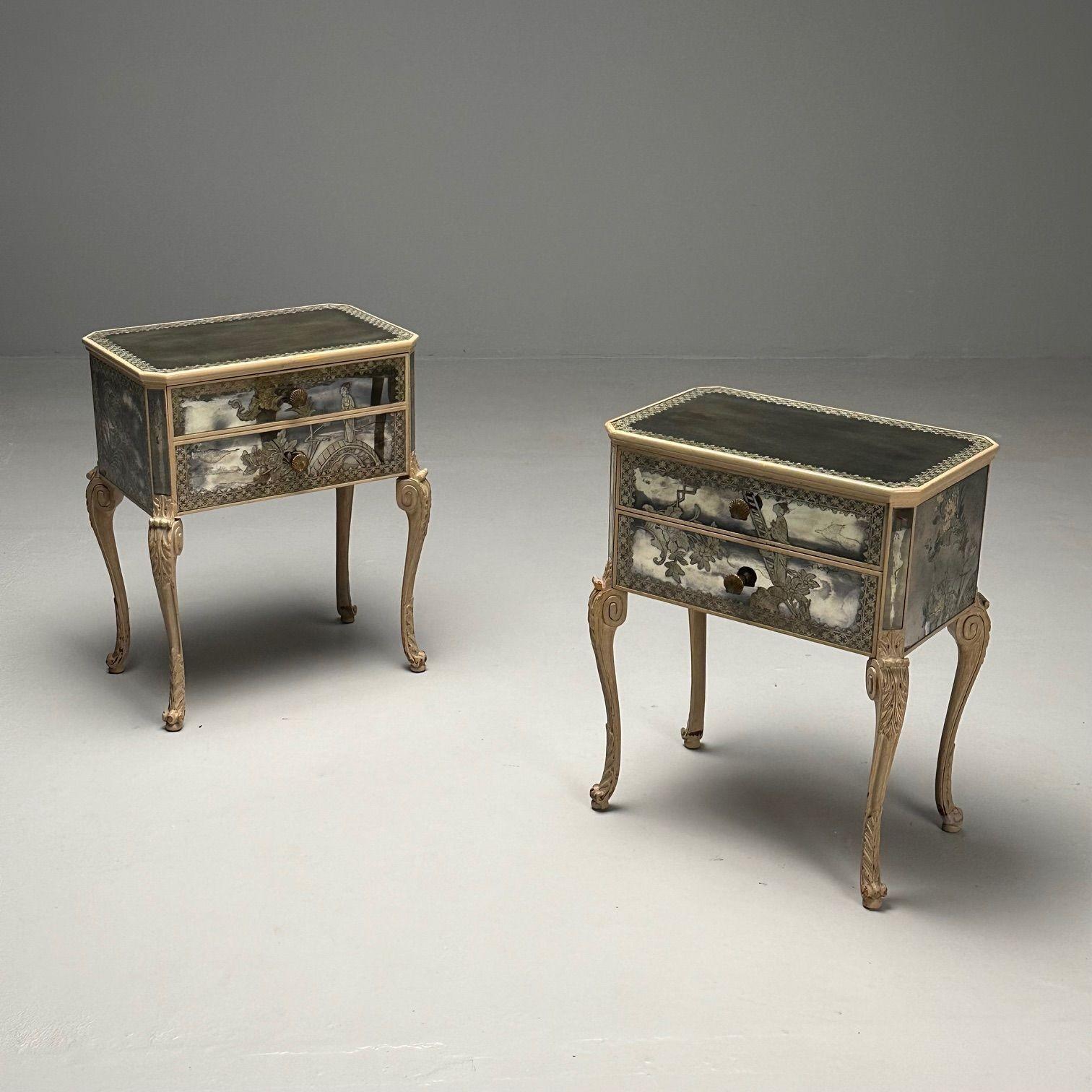 American Chinoiserie, Mid Century Modern, Mirrored Nightstands, Distressed Painted Wood