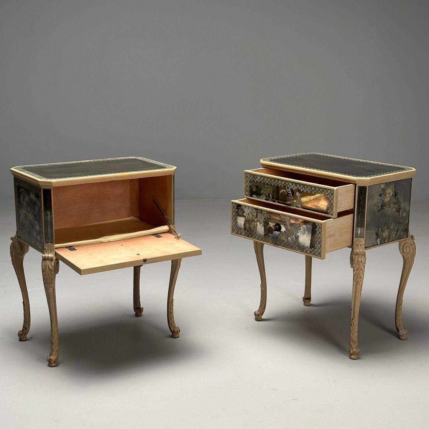 Chinoiserie, Mid Century Modern, Mirrored Nightstands, Distressed Painted Wood In Good Condition In Manhasset, NY