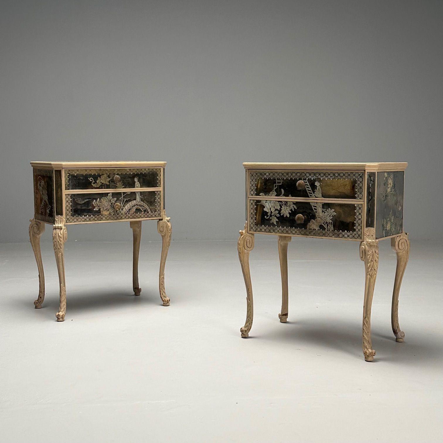 20th Century Chinoiserie, Mid Century Modern, Mirrored Nightstands, Distressed Painted Wood