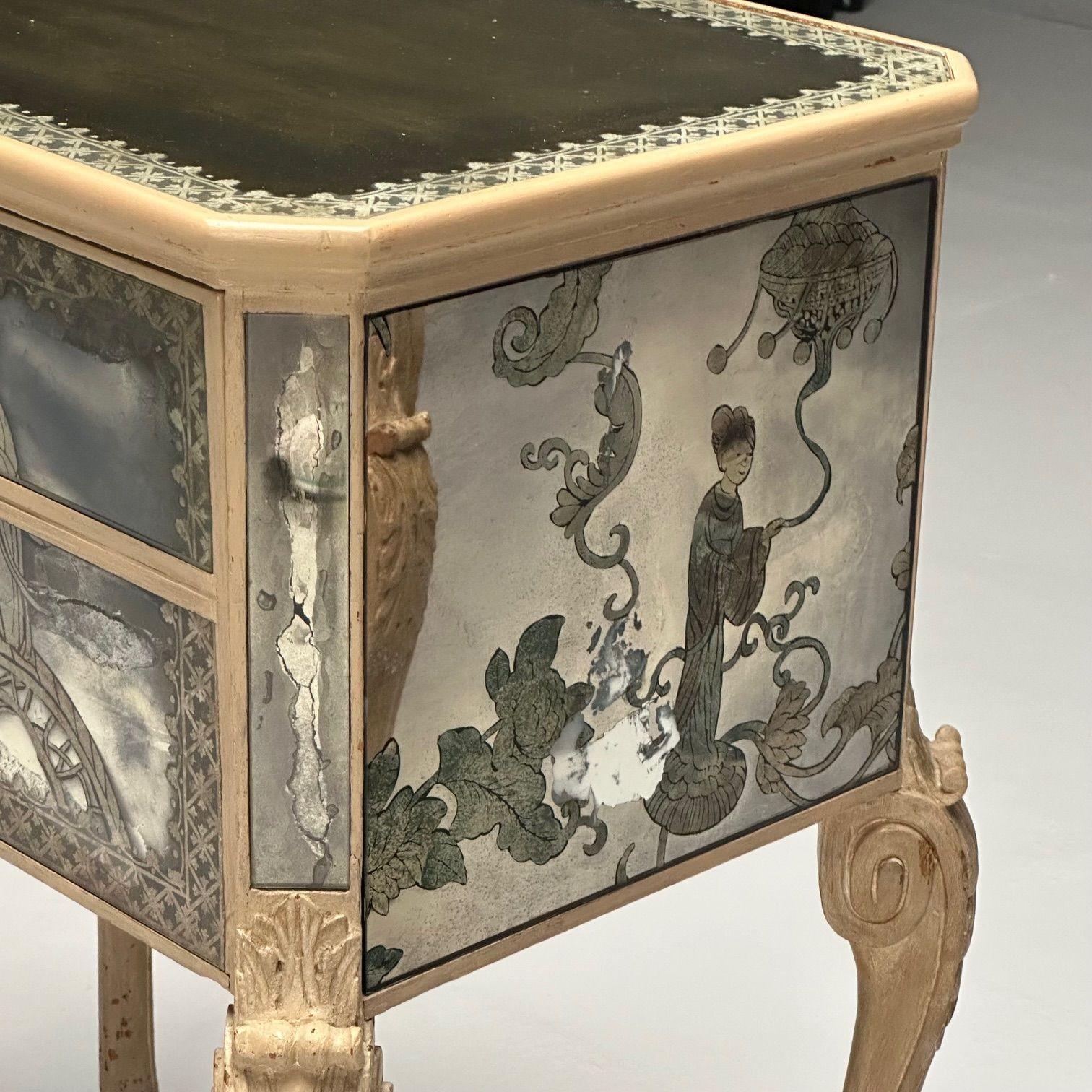 Chinoiserie, Mid Century Modern, Mirrored Nightstands, Distressed Painted Wood 1