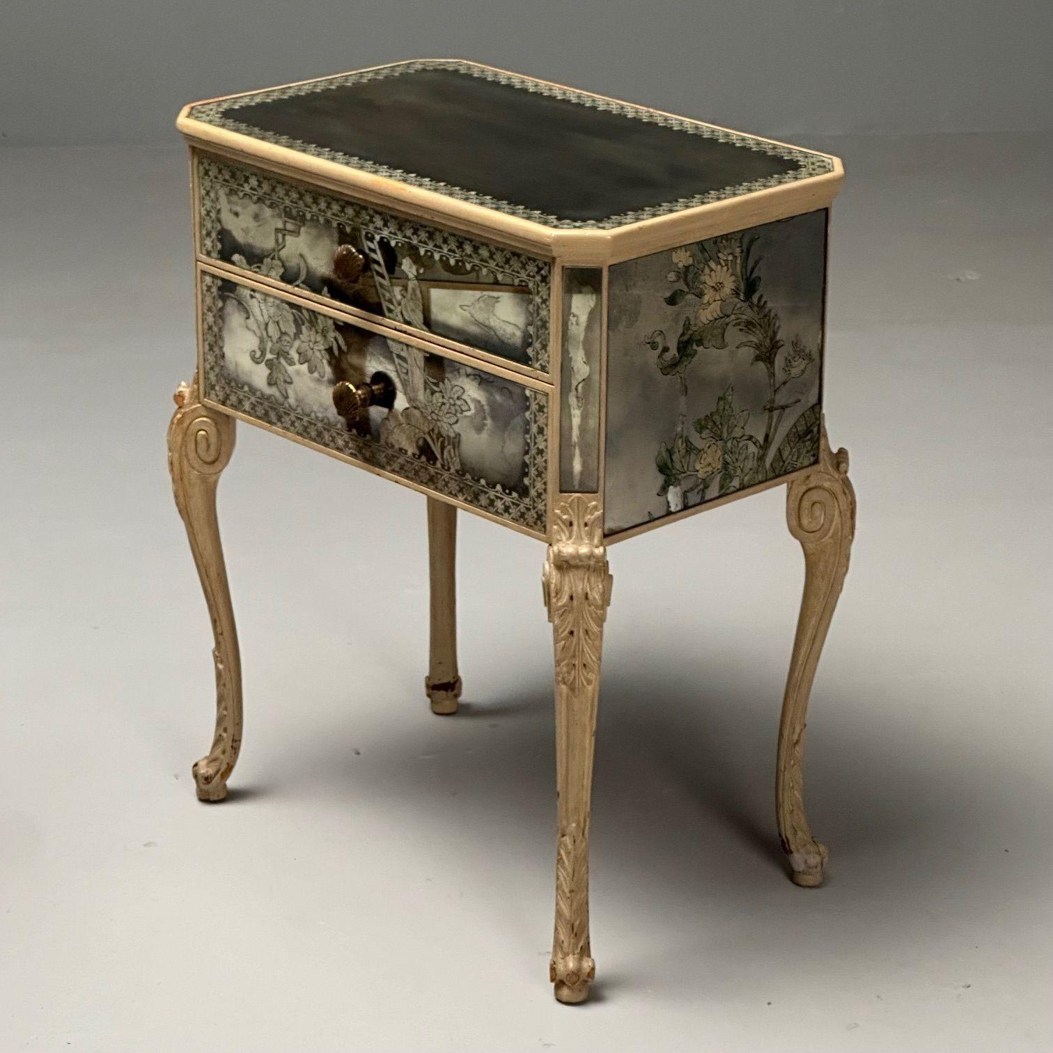 Chinoiserie, Mid Century Modern, Mirrored Nightstands, Distressed Painted Wood 2