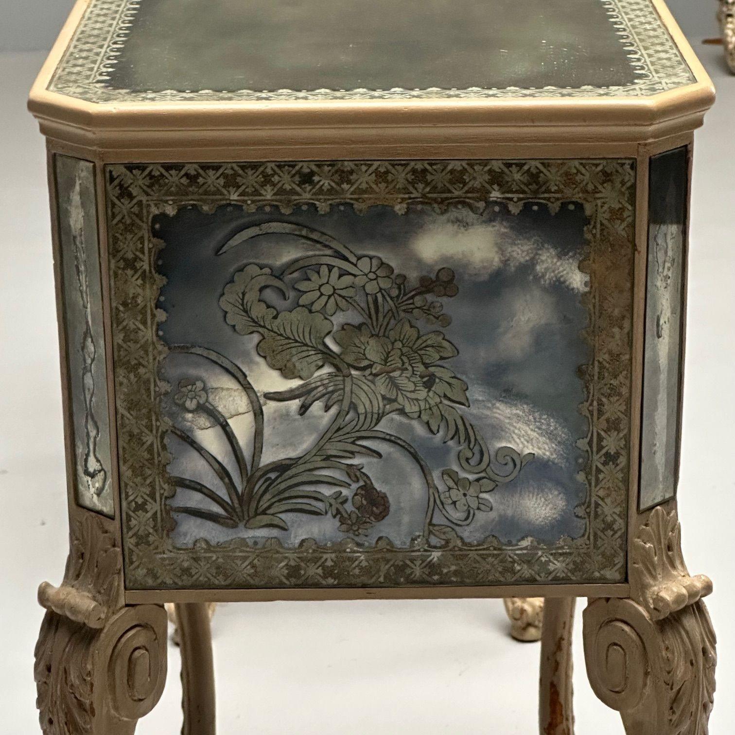 Chinoiserie, Mid Century Modern, Mirrored Nightstands, Distressed Painted Wood 3