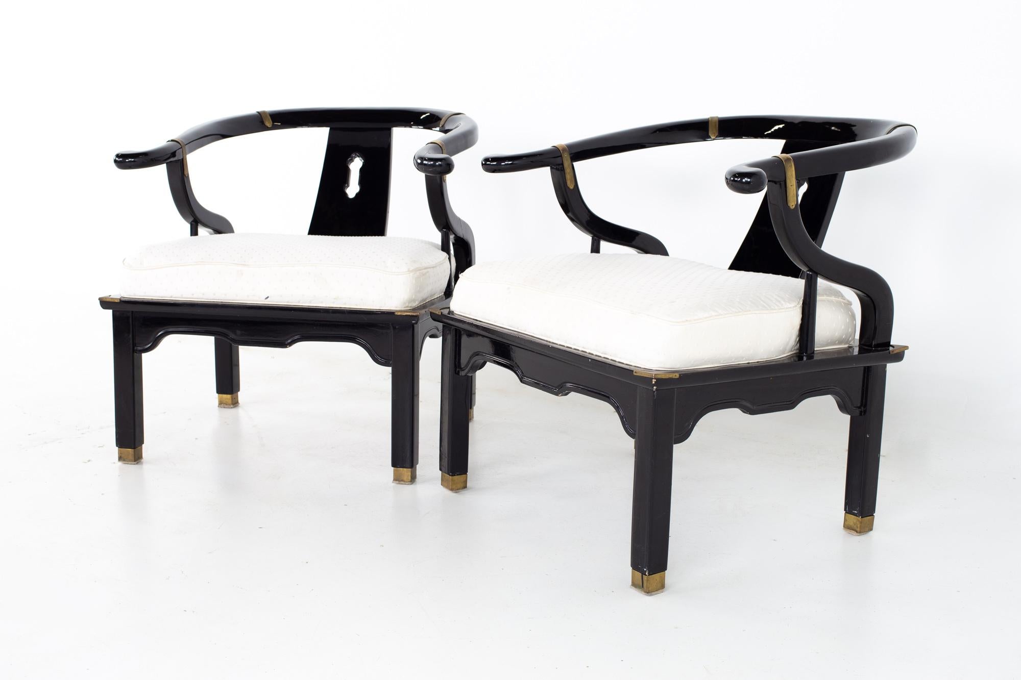 Chinoiserie Ming style Baker Furniture mid century brass and black lacquer occasional lounge chairs - a pair
Lounge chair measures: 27.25 wide x 24 deep x 29 high, with a seat height of 17 inches and arm height of 27

All pieces of furniture can