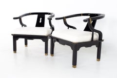 Chinoiserie Ming Style Baker Furniture MCM Brass Black Lounge Chairs, a Pair