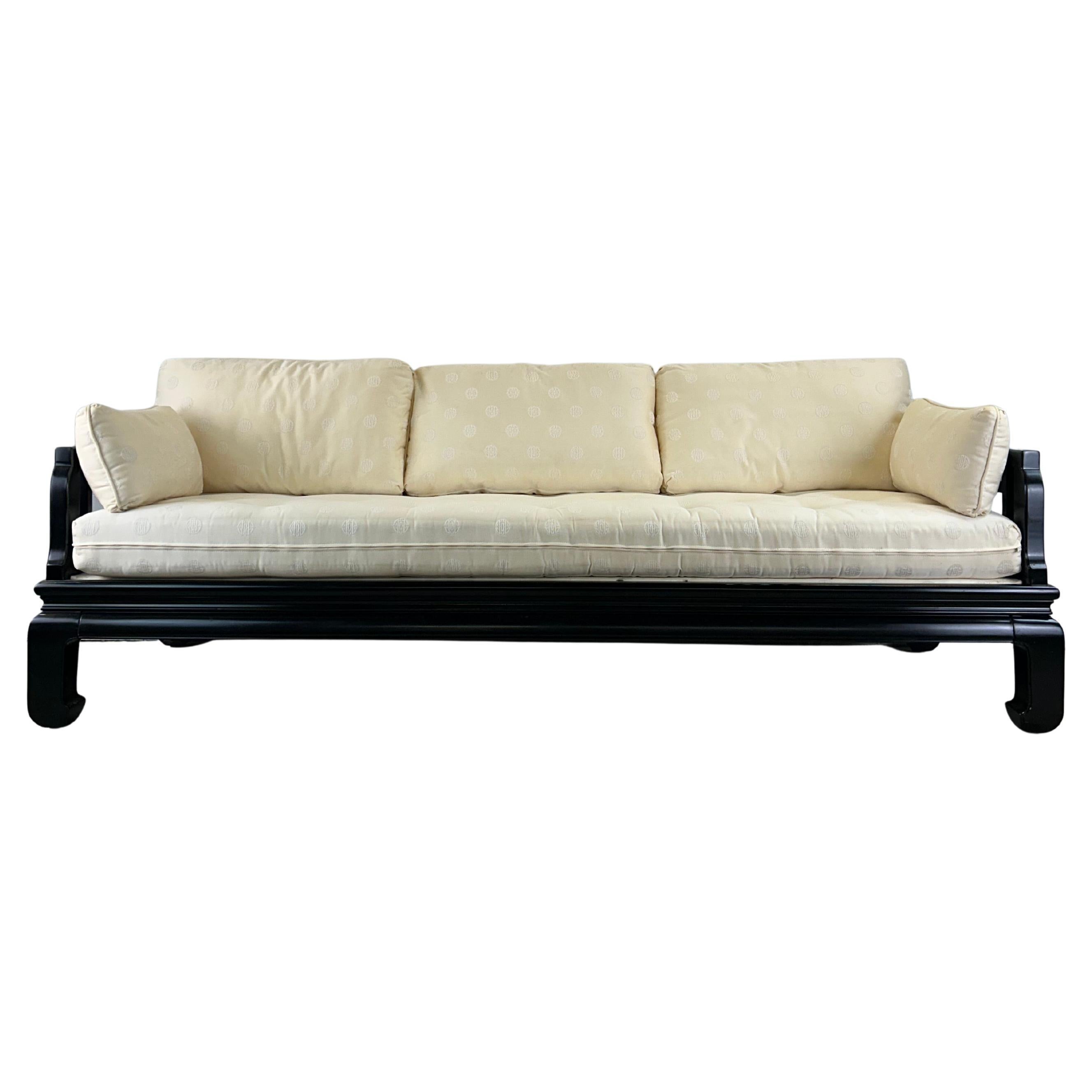 Chinoiserie Ming Style Black Lacquer Sofa with Vintage Upholstery