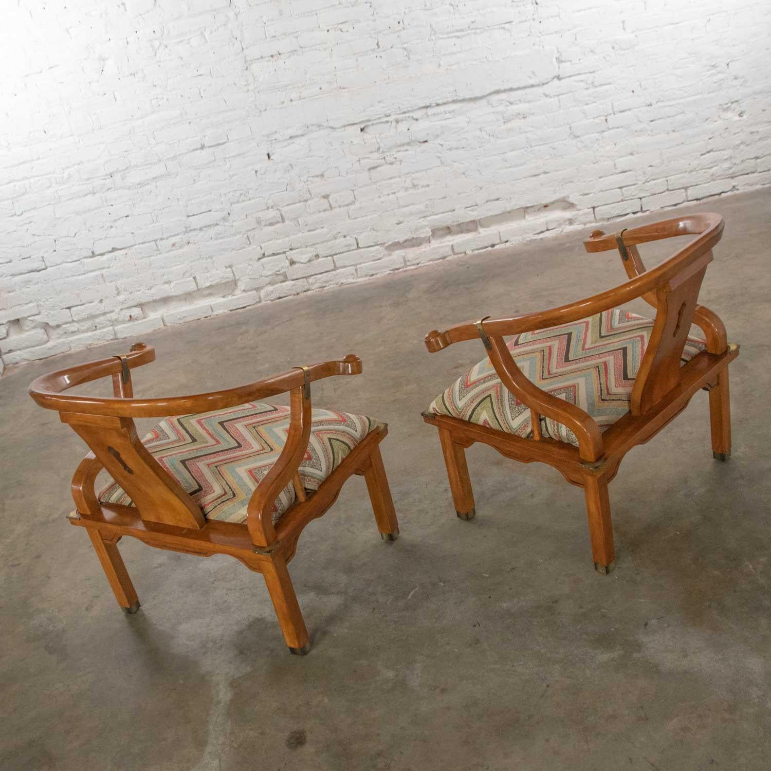 Chinoiserie Ming Style Pair of Yoke Back Lounge Chairs Attributed to Schnadig  1