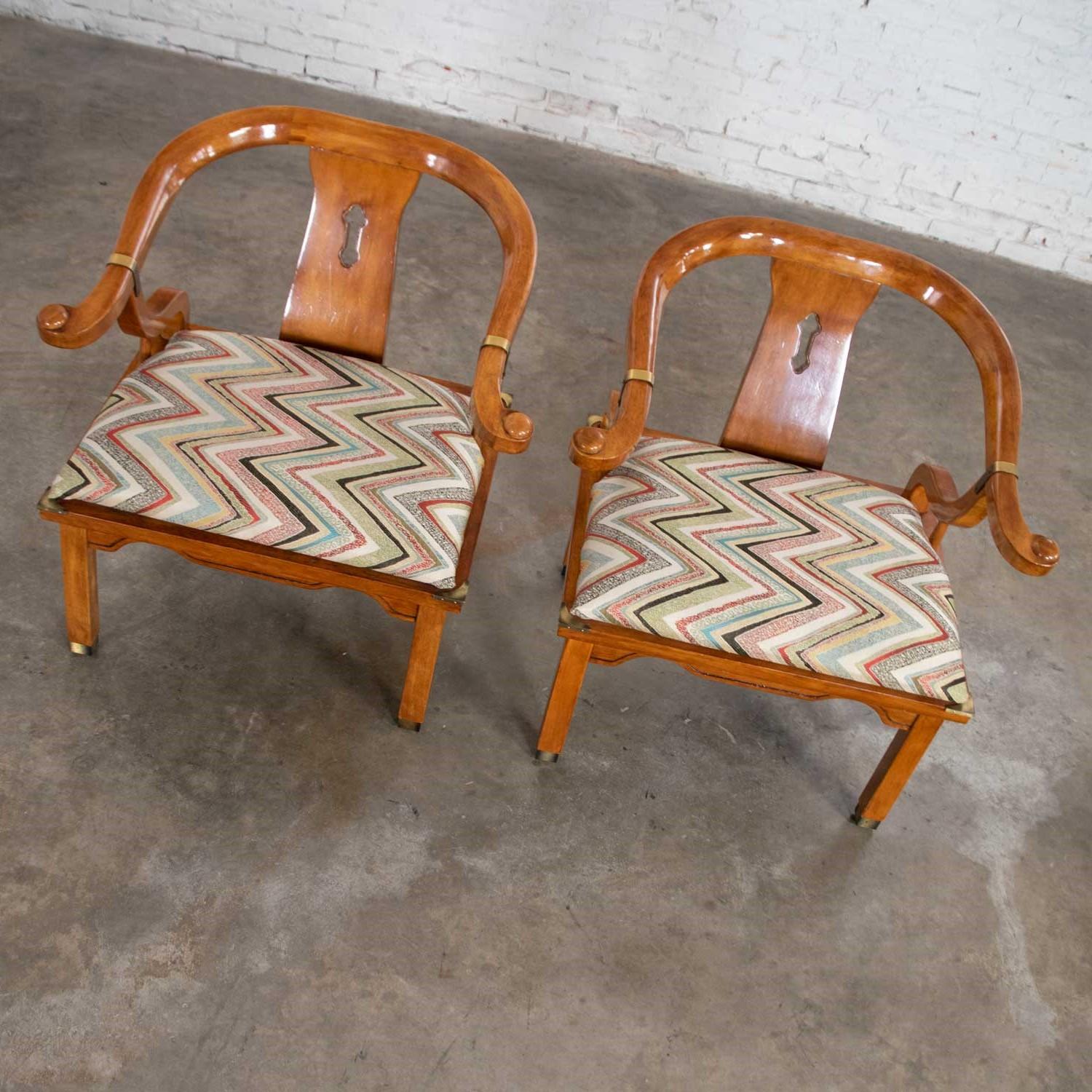 American Chinoiserie Ming Style Pair of Yoke Back Lounge Chairs Attributed to Schnadig 