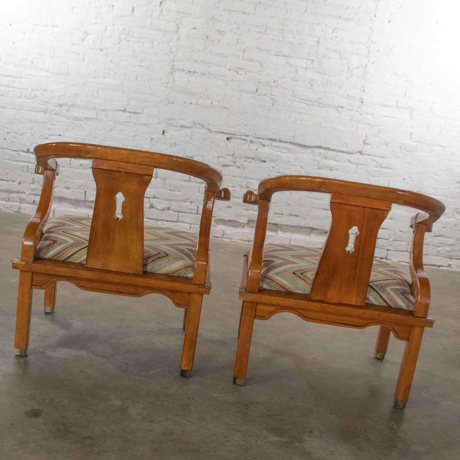 Brass Chinoiserie Ming Style Pair of Yoke Back Lounge Chairs Attributed to Schnadig 