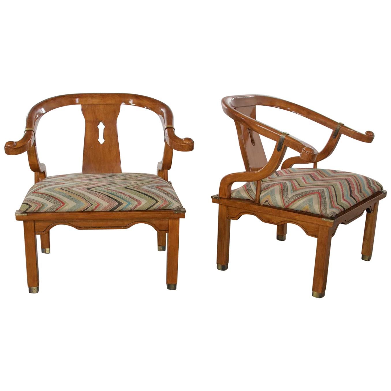 Chinoiserie Ming Style Pair of Yoke Back Lounge Chairs Attributed to Schnadig 