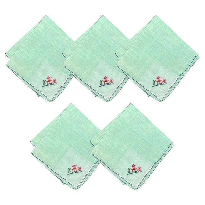 Chinoiserie Mint Green Square Embroidered Pagoda Motif Cloth Dinner Napkins, 5 For Sale